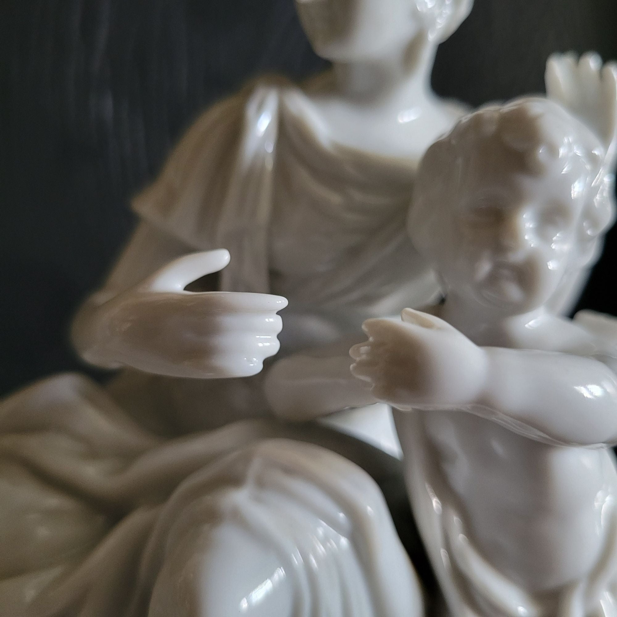 Vintage White Porcelain Figurine Of Woman and Child with Book On Floral Base
