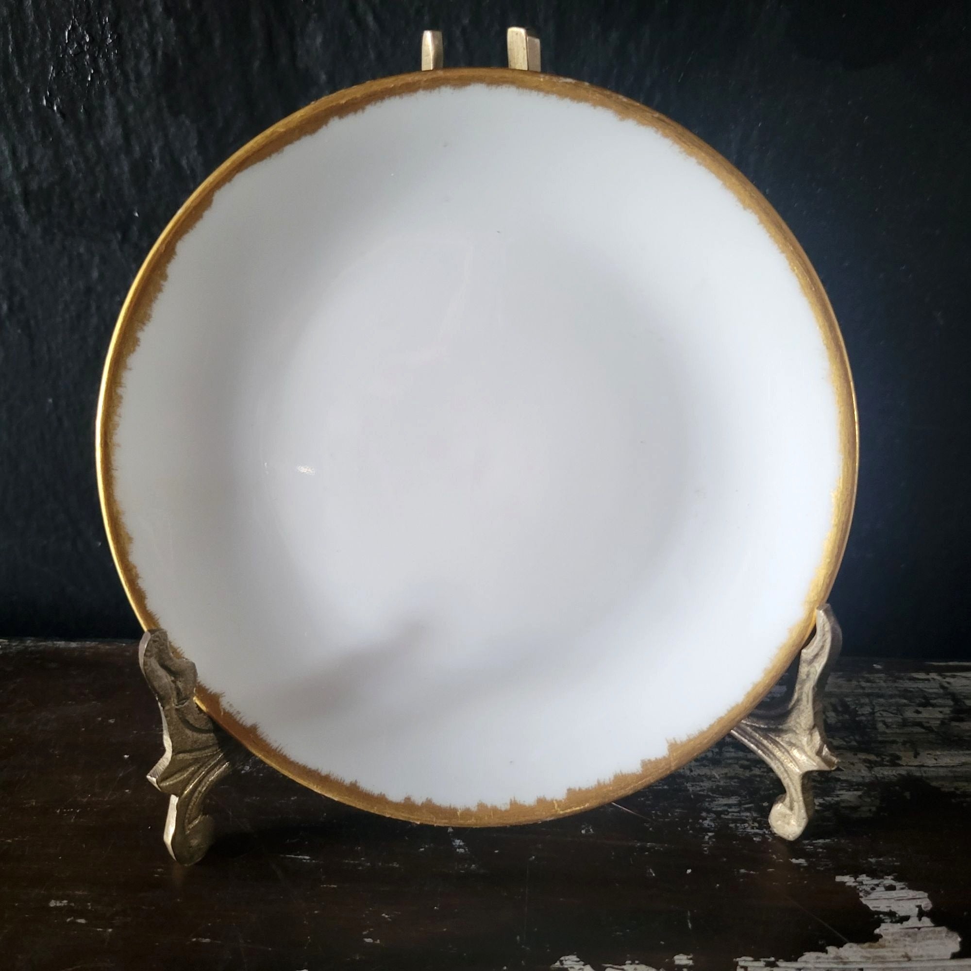 Antique Delinières & Co Bread Plate White Gold Brushstroke Edge Limoges France
