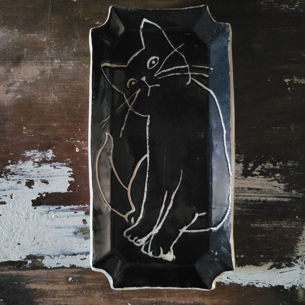 Vintage Studio Pottery Black Ceramic Plate With Cat Illustration, Cat Lover Gift