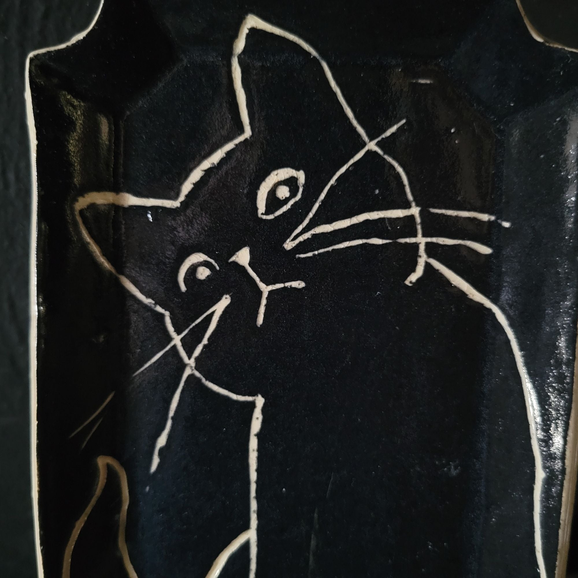 Vintage Studio Pottery Black Ceramic Plate With Cat Illustration, Cat Lover Gift