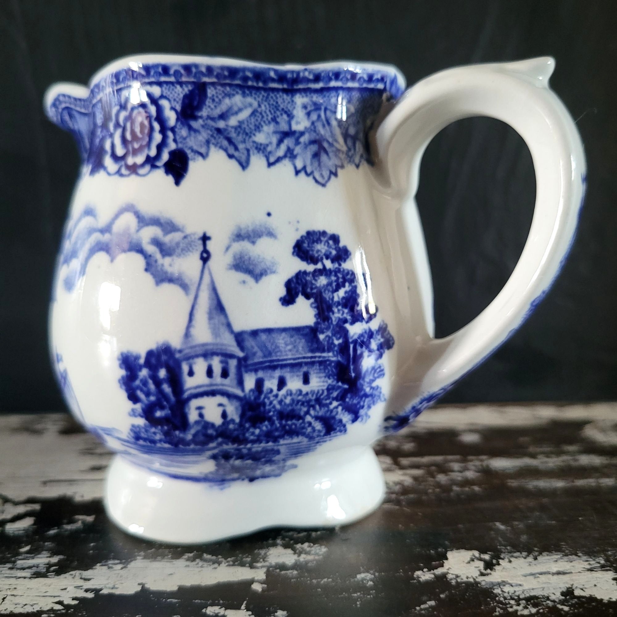 Vtg Arabia Finland Blue and White Landscape Creamer Jug Floral and Scenic *Read