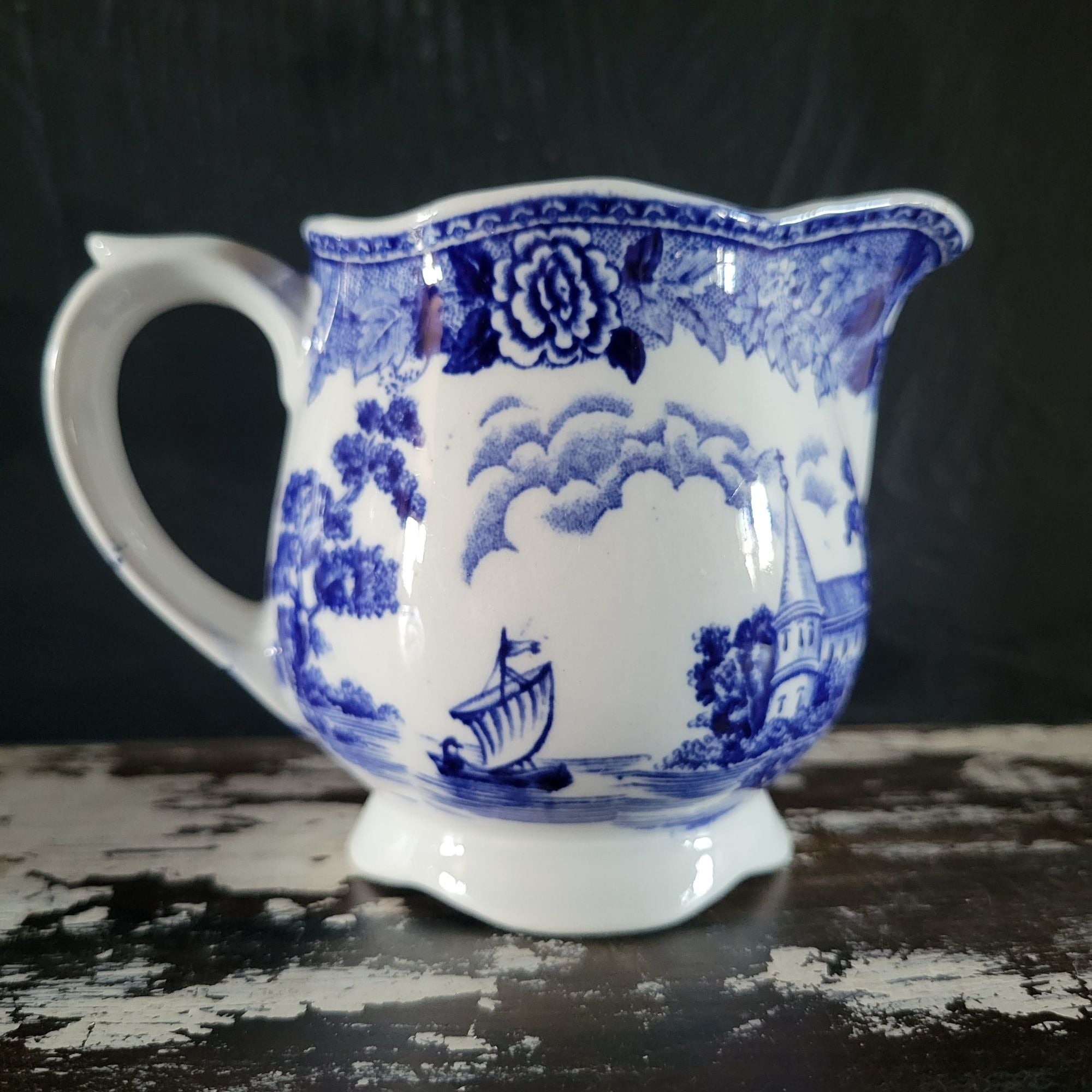 Vtg Arabia Finland Blue and White Landscape Creamer Jug Floral and Scenic *Read
