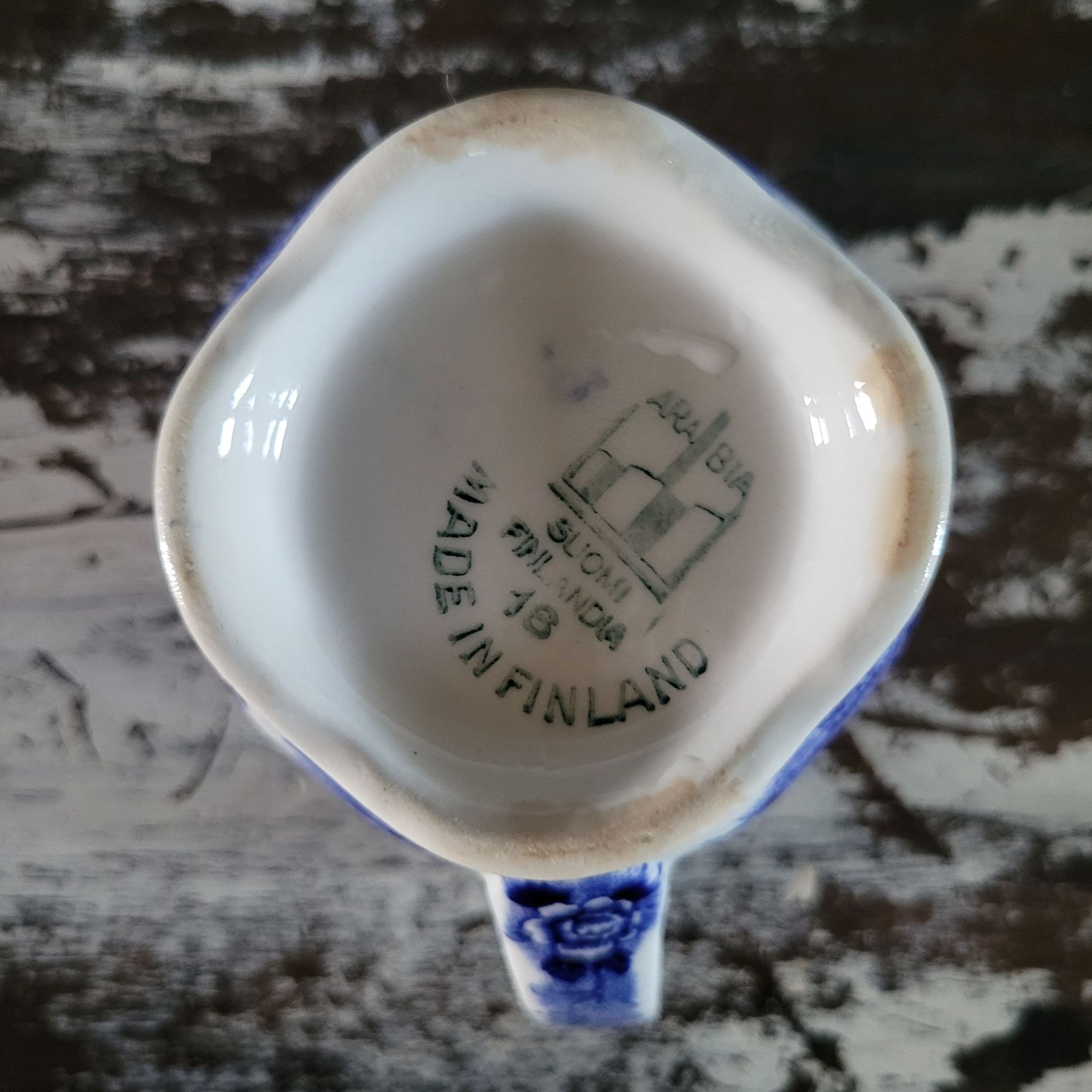 Vtg Arabia Finland Blue and White Landscape Creamer Jug Floral and Scenic *Read
