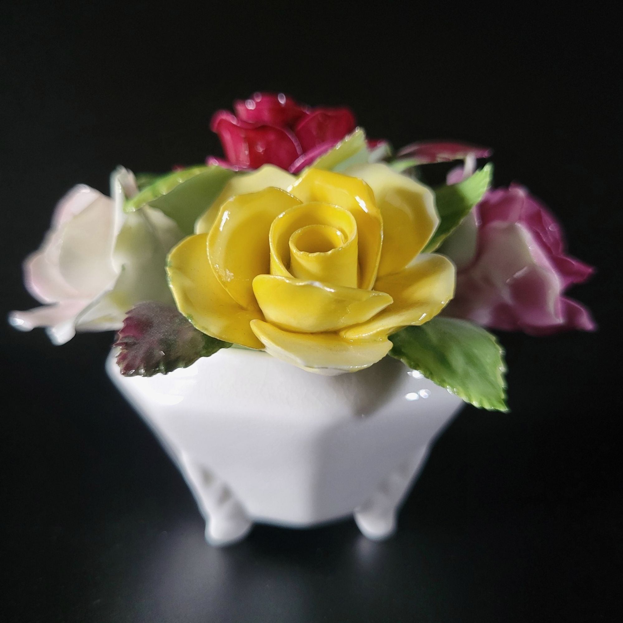 Small Vintage Royal Adderley Rose Floral Bouquet in Footed White Pot England