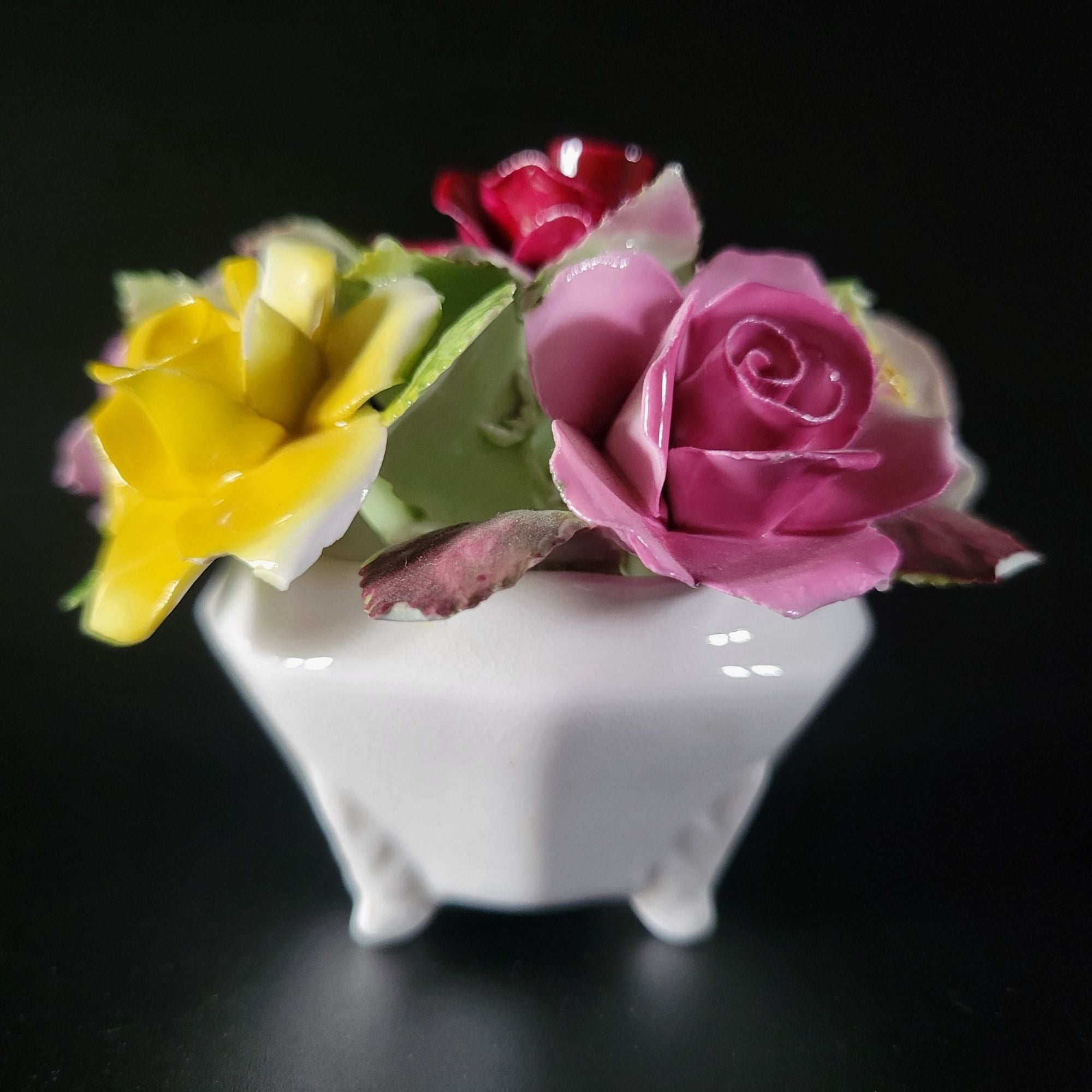 Small Vintage Royal Adderley Rose Floral Bouquet in Footed White Pot England