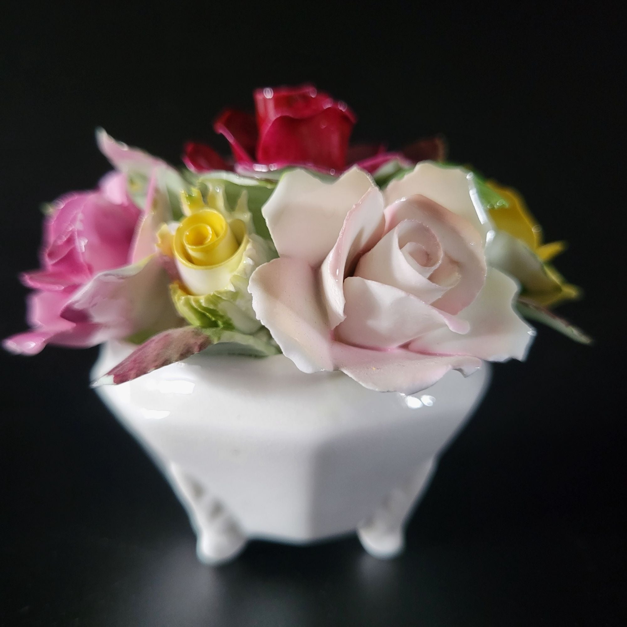 Small Vintage Royal Adderley Rose Floral Bouquet in Footed White Pot England