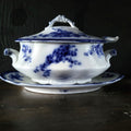 Antique W.H. Grindley Flow Blue Sauce Tureen With Ladle And Undertray c 1900