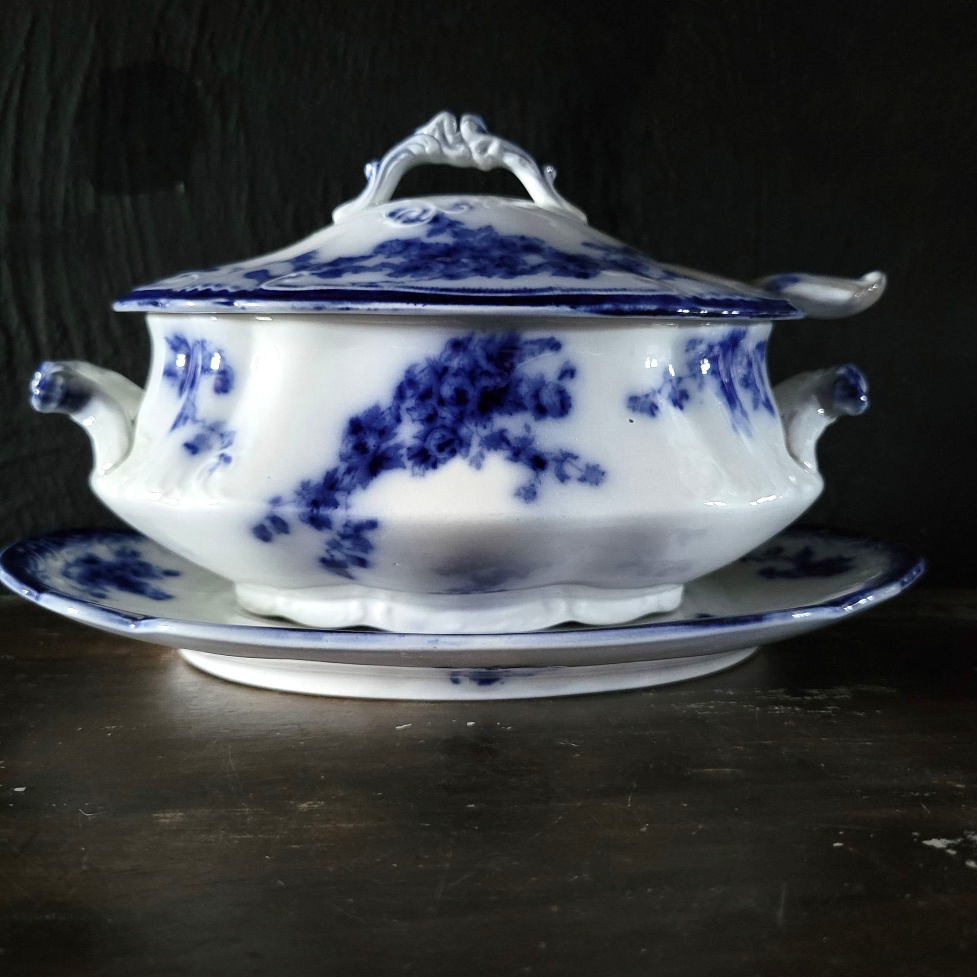 Antique W.H. Grindley Flow Blue Sauce Tureen With Ladle And Undertray c 1900