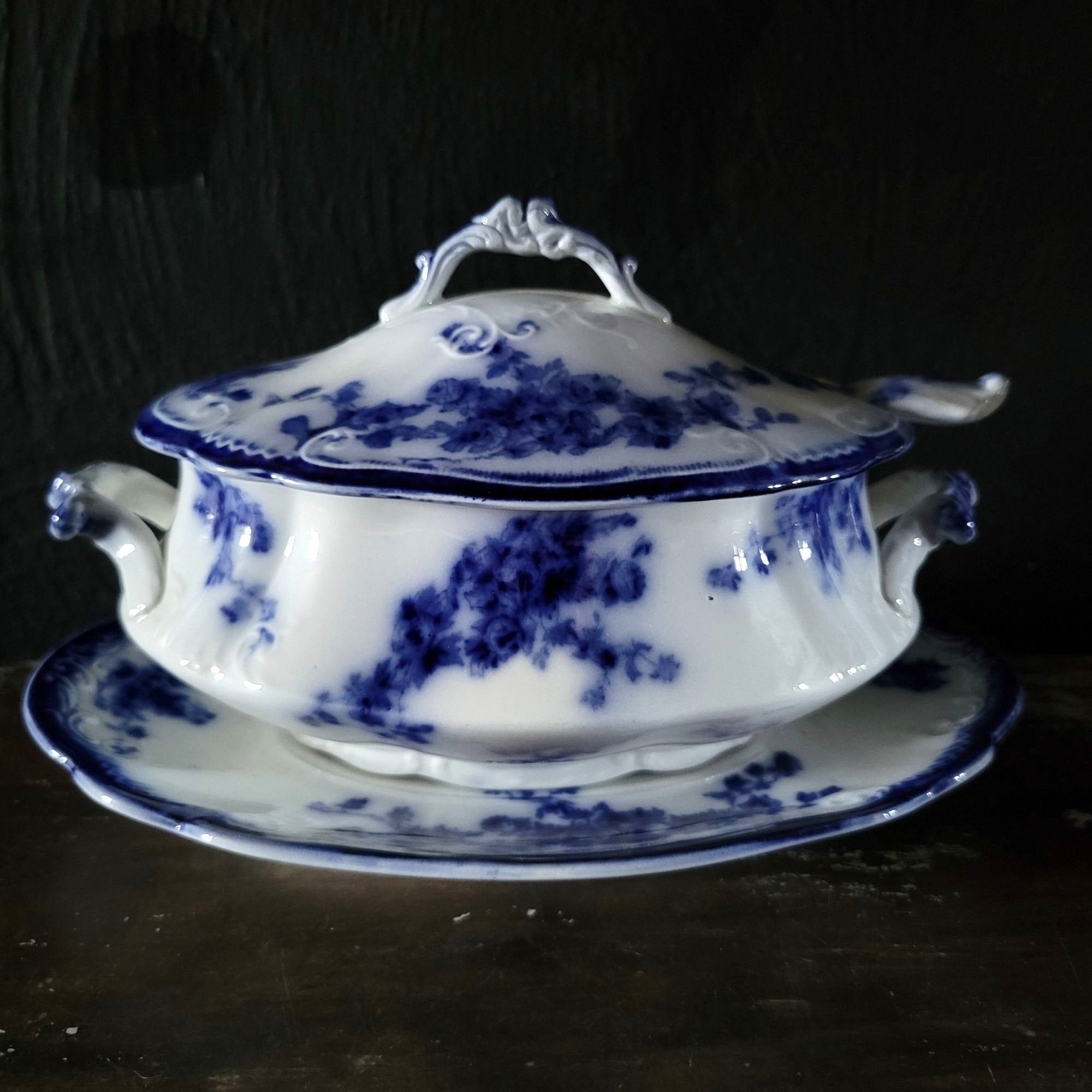Antique W.H. Grindley Flow Blue Sauce Tureen With Ladle And Undertray c 1900