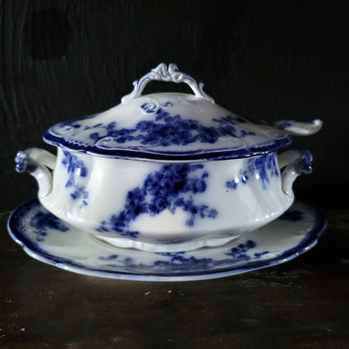 Antique W.H. Grindley Flow Blue Sauce Tureen With Ladle And Undertray c 1900
