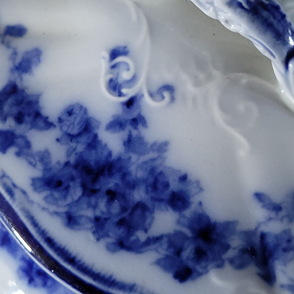 Antique W.H. Grindley Flow Blue Sauce Tureen With Ladle And Undertray c 1900