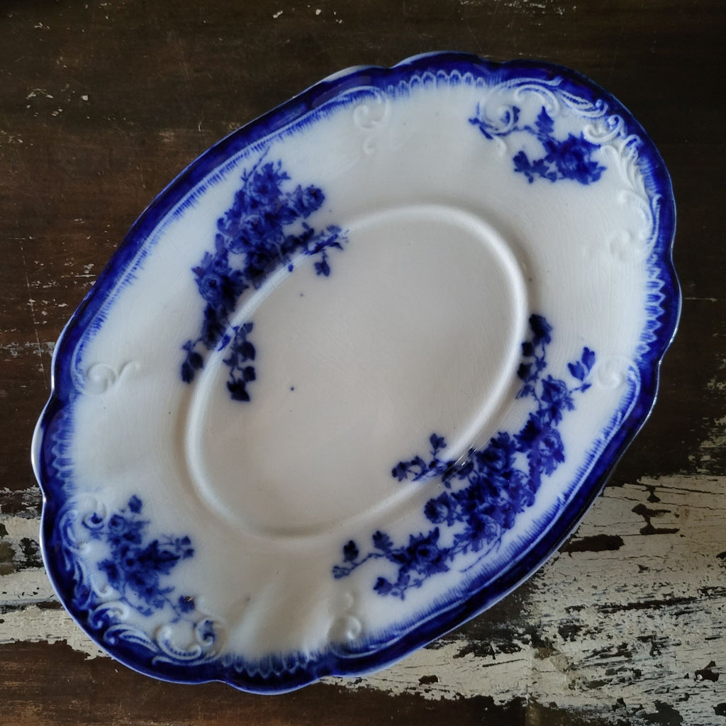 Antique W.H. Grindley Flow Blue Sauce Tureen With Ladle And Undertray c 1900