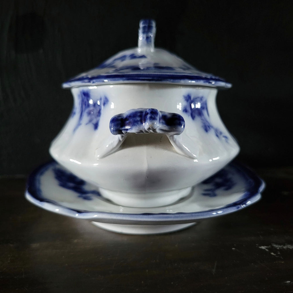 Antique W.H. Grindley Flow Blue Sauce Tureen With Ladle And Undertray c 1900