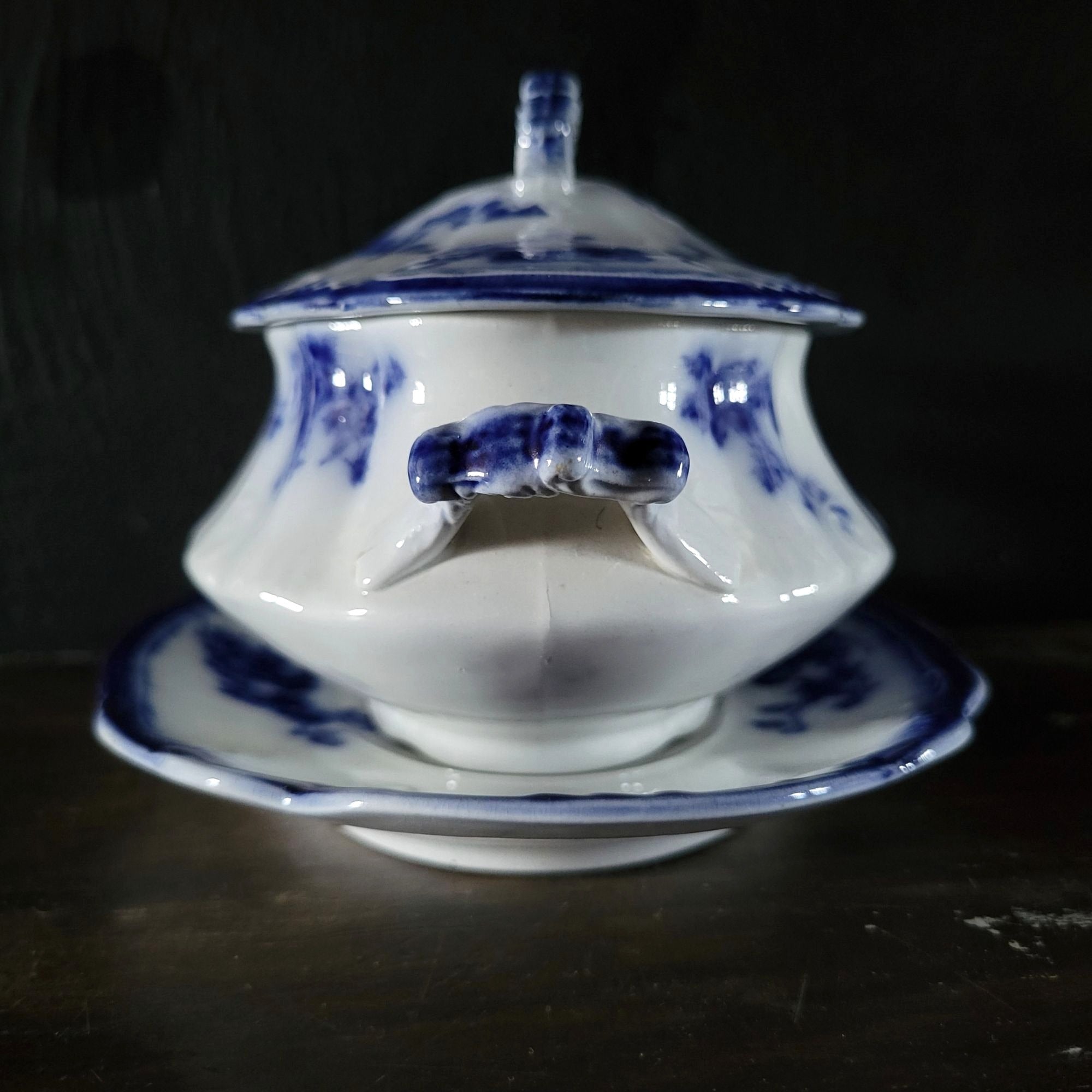 Antique W.H. Grindley Flow Blue Sauce Tureen With Ladle And Undertray c 1900