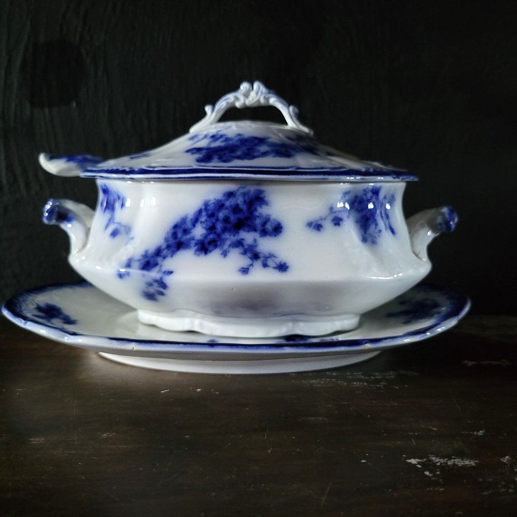 Antique W.H. Grindley Flow Blue Sauce Tureen With Ladle And Undertray c 1900