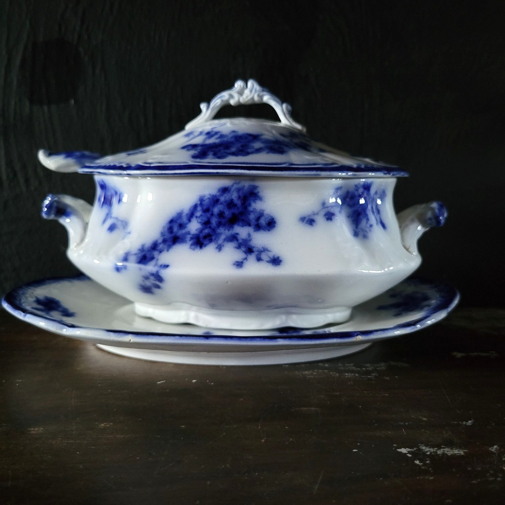 Antique W.H. Grindley Flow Blue Sauce Tureen With Ladle And Undertray c 1900