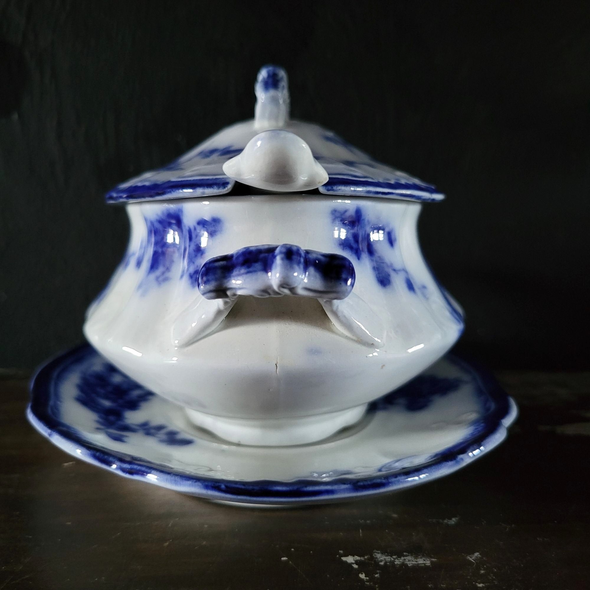 Antique W.H. Grindley Flow Blue Sauce Tureen With Ladle And Undertray c 1900