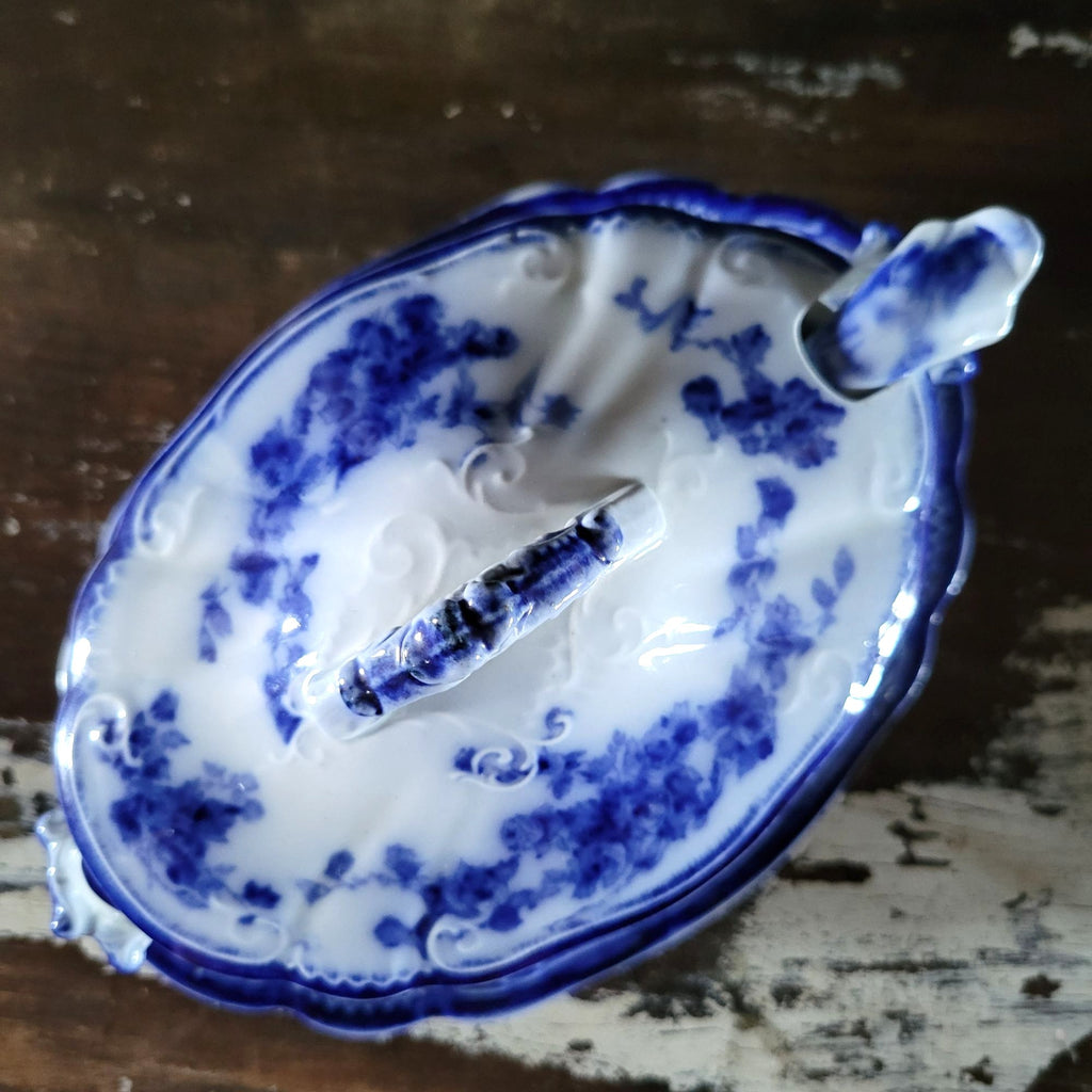 Antique W.H. Grindley Flow Blue Sauce Tureen With Ladle And Undertray c 1900
