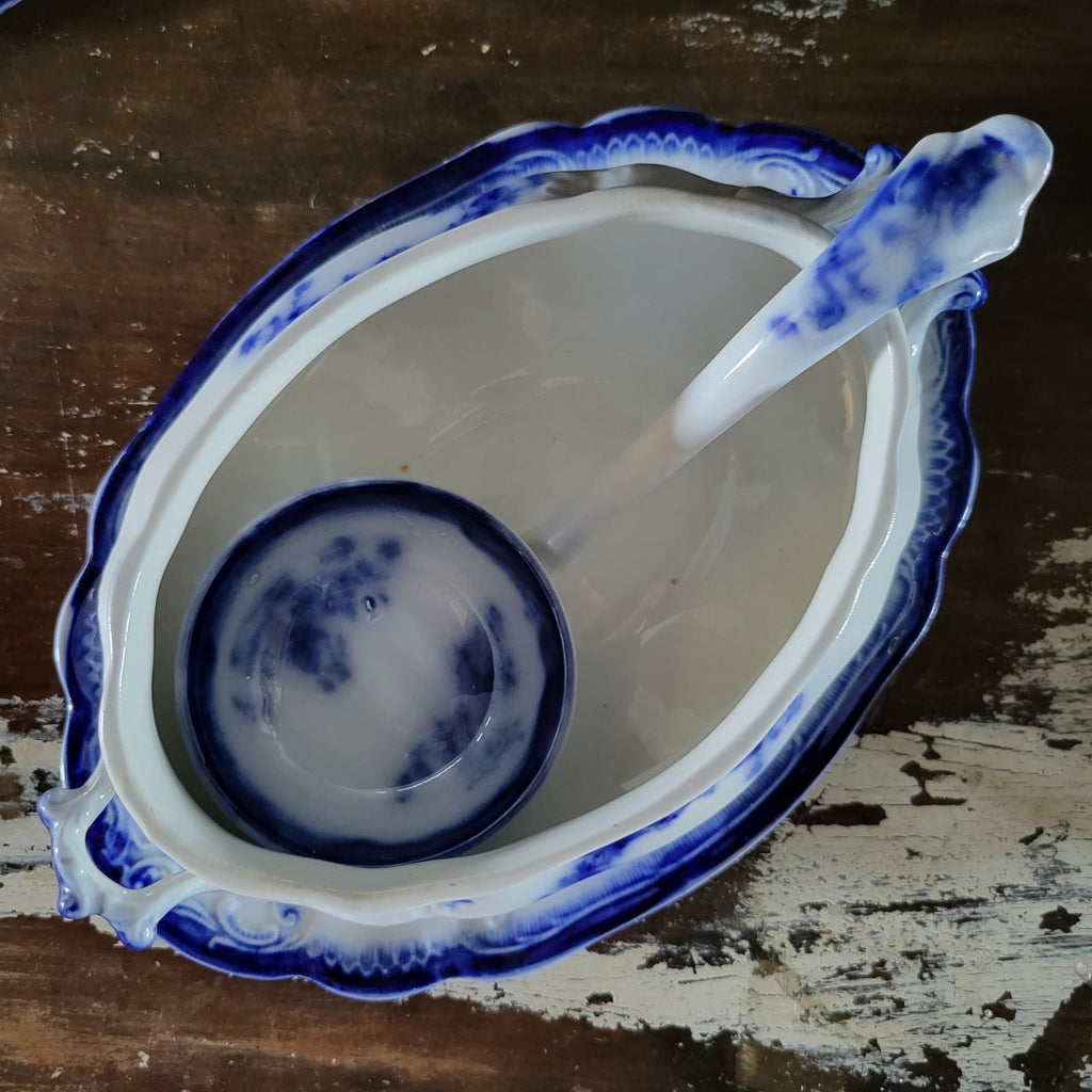Antique W.H. Grindley Flow Blue Sauce Tureen With Ladle And Undertray c 1900