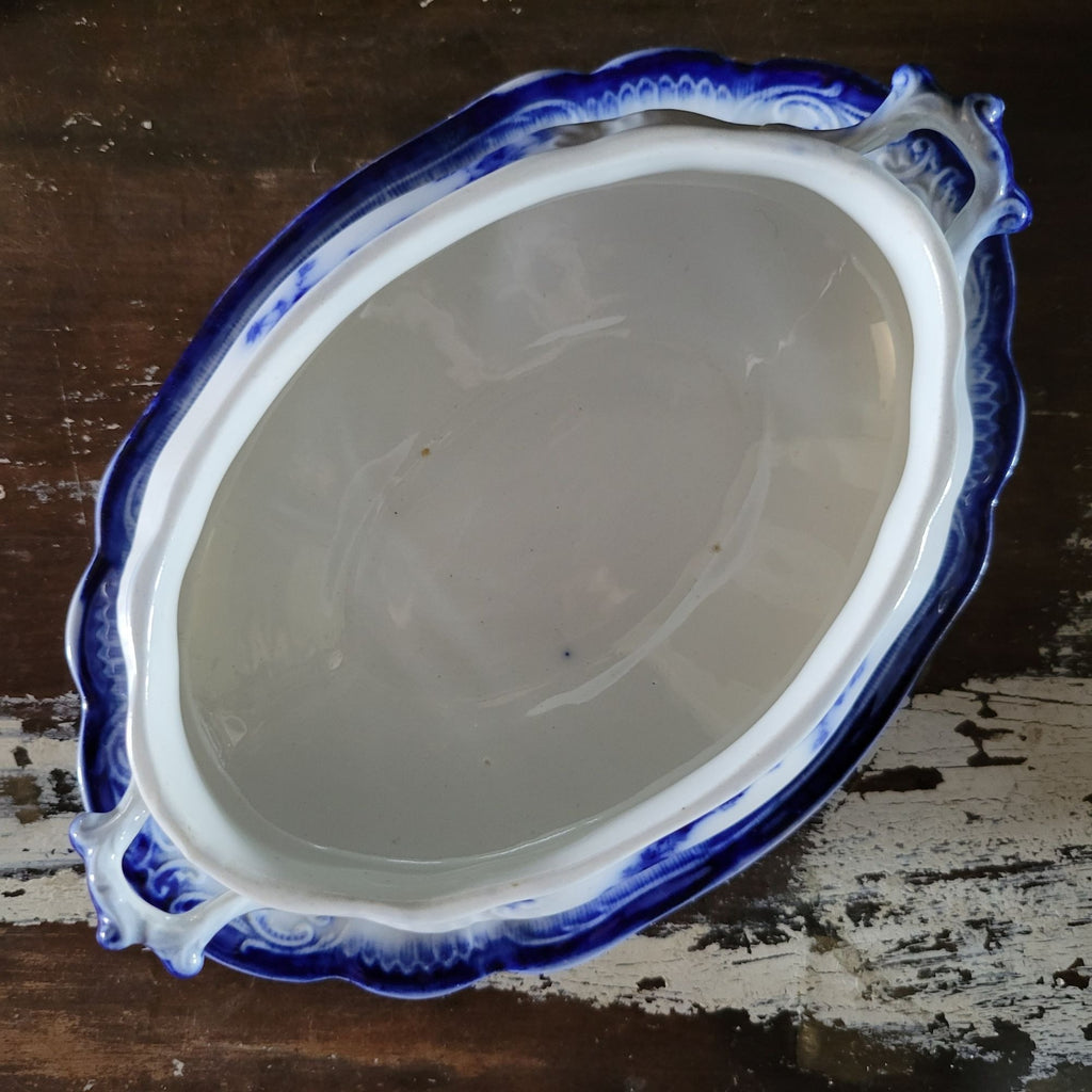 Antique W.H. Grindley Flow Blue Sauce Tureen With Ladle And Undertray c 1900