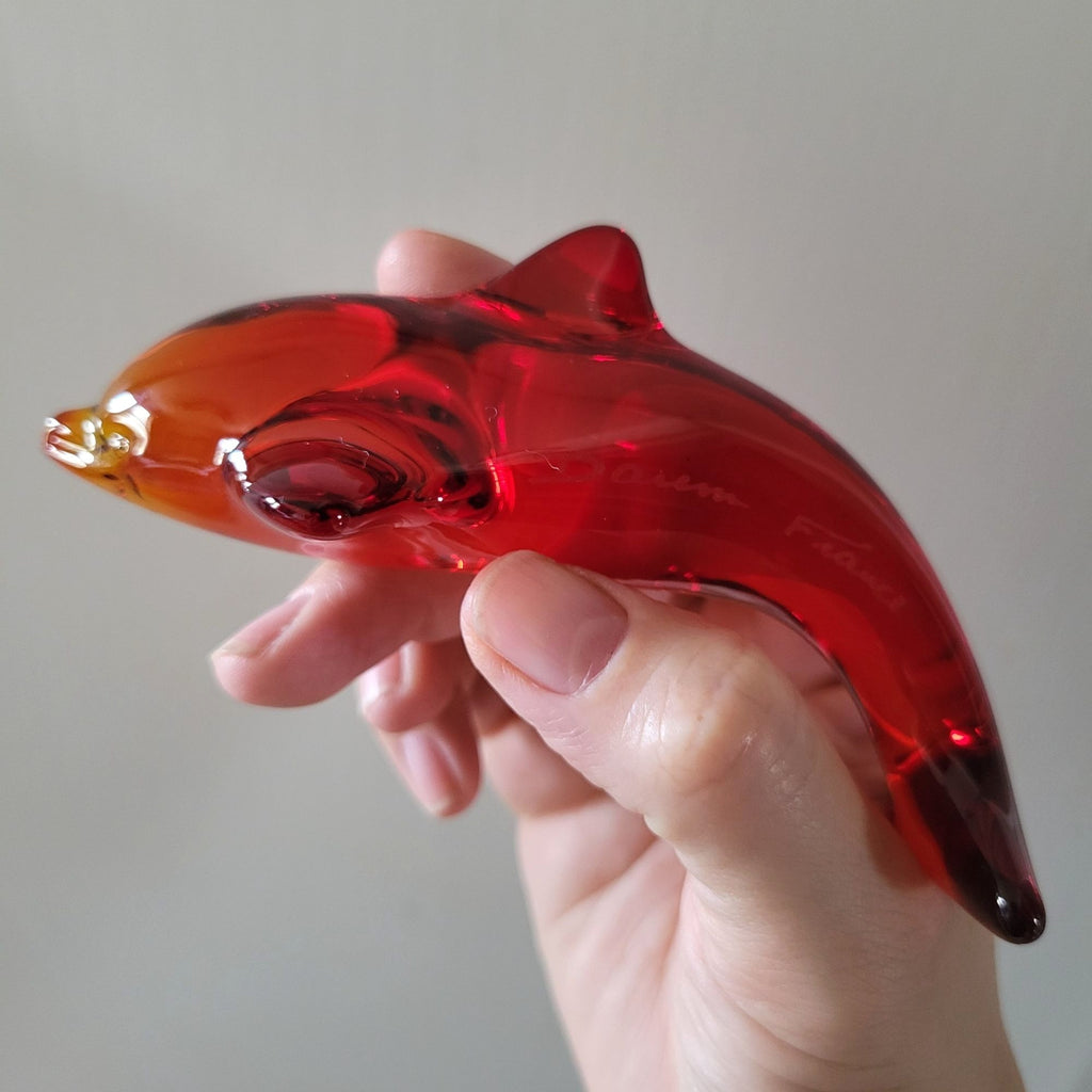 Vintage Daum France Red Cadmium Dolphin Figurine Signed Glows Under UV Light