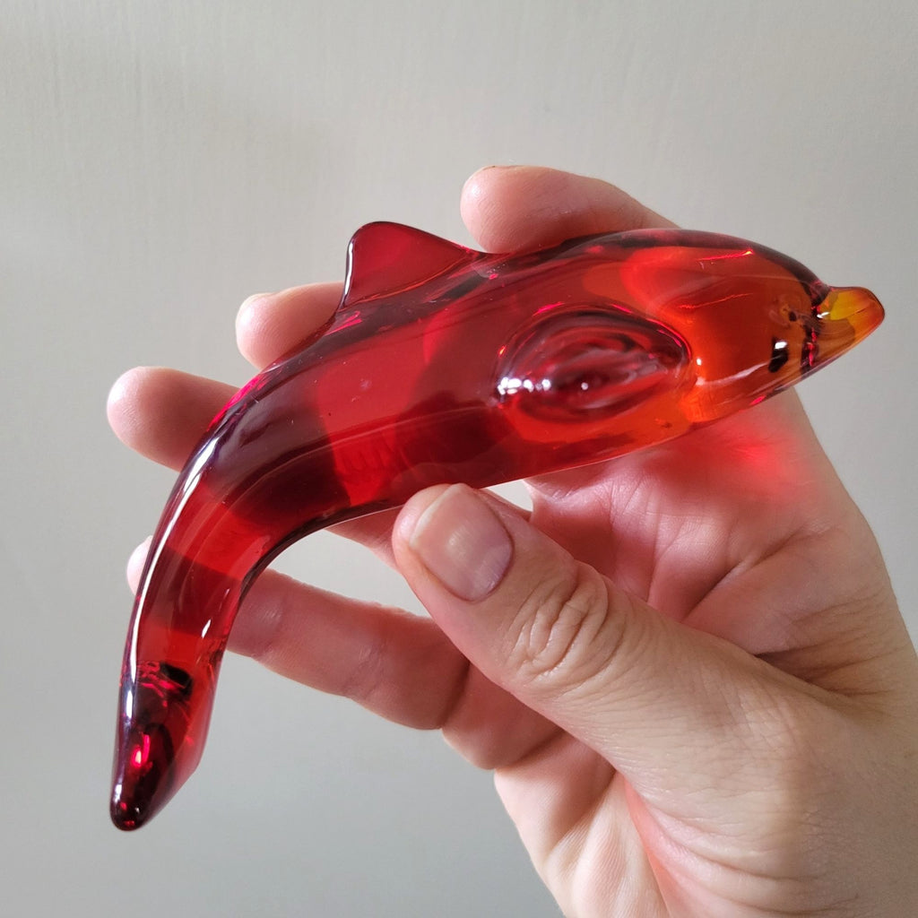 Vintage Daum France Red Cadmium Dolphin Figurine Signed Glows Under UV Light