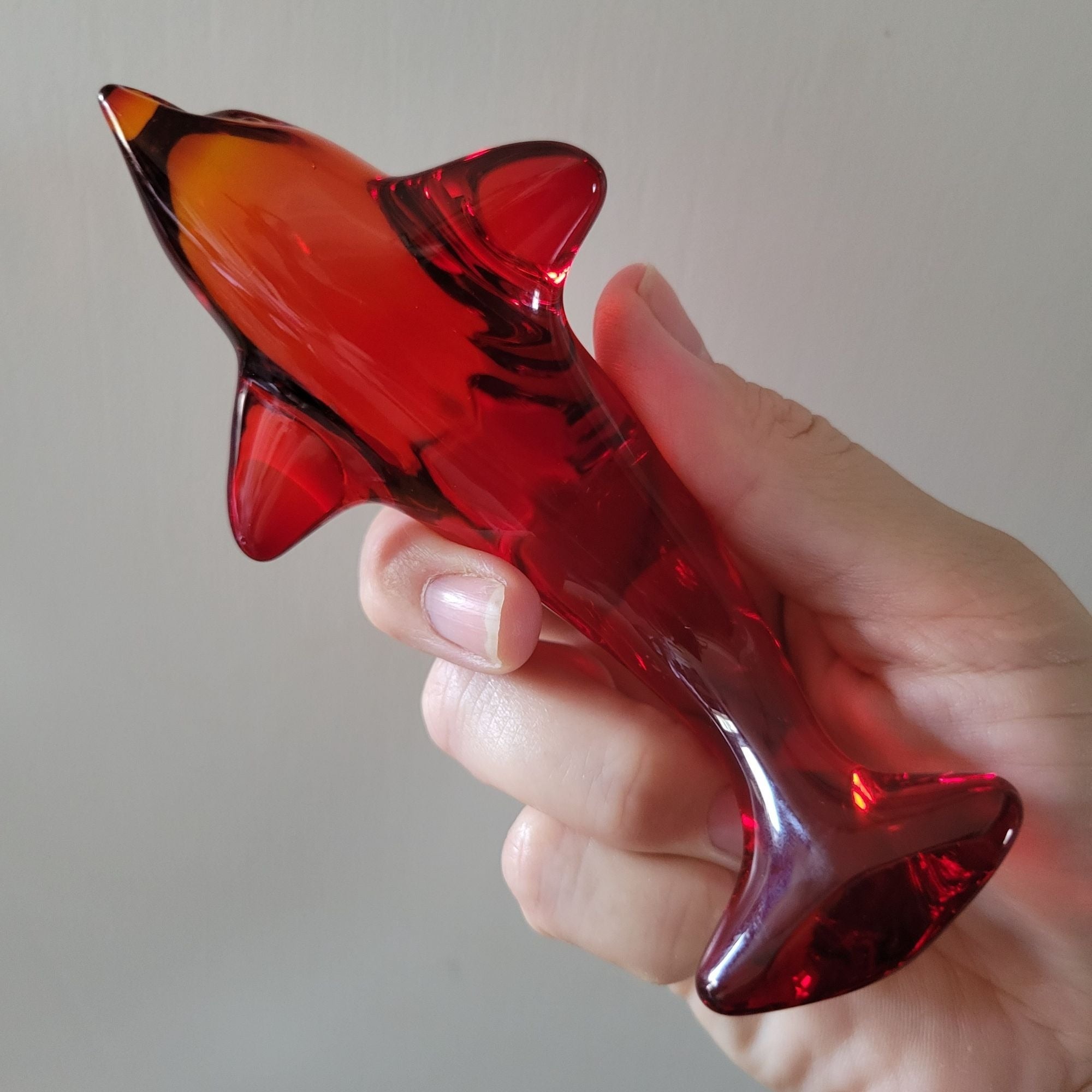 Vintage Daum France Red Cadmium Dolphin Figurine Signed Glows Under UV Light