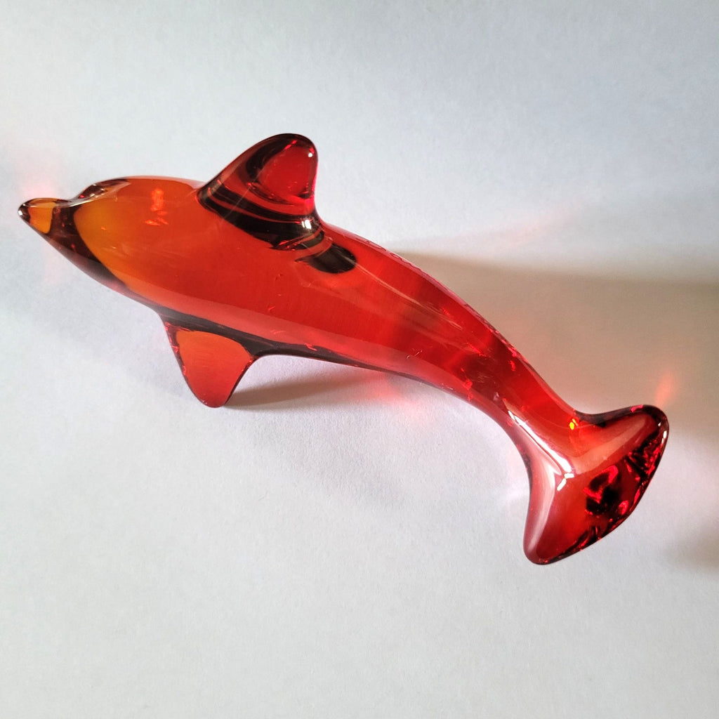 Vintage Daum France Red Cadmium Dolphin Figurine Signed Glows Under UV Light
