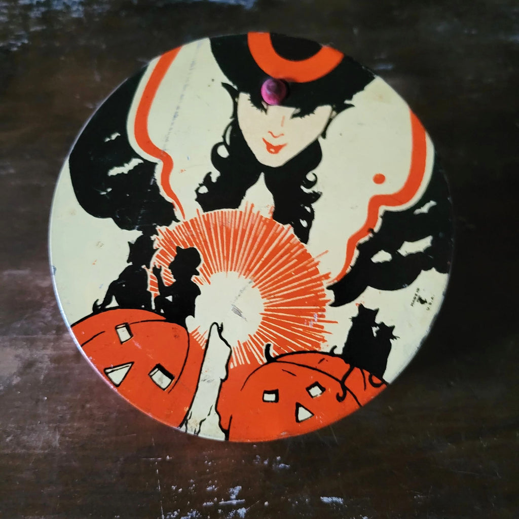 T. Cohn 1930s Round Ratchet Art Deco Witch 4" Halloween Noisemaker Tin Litho