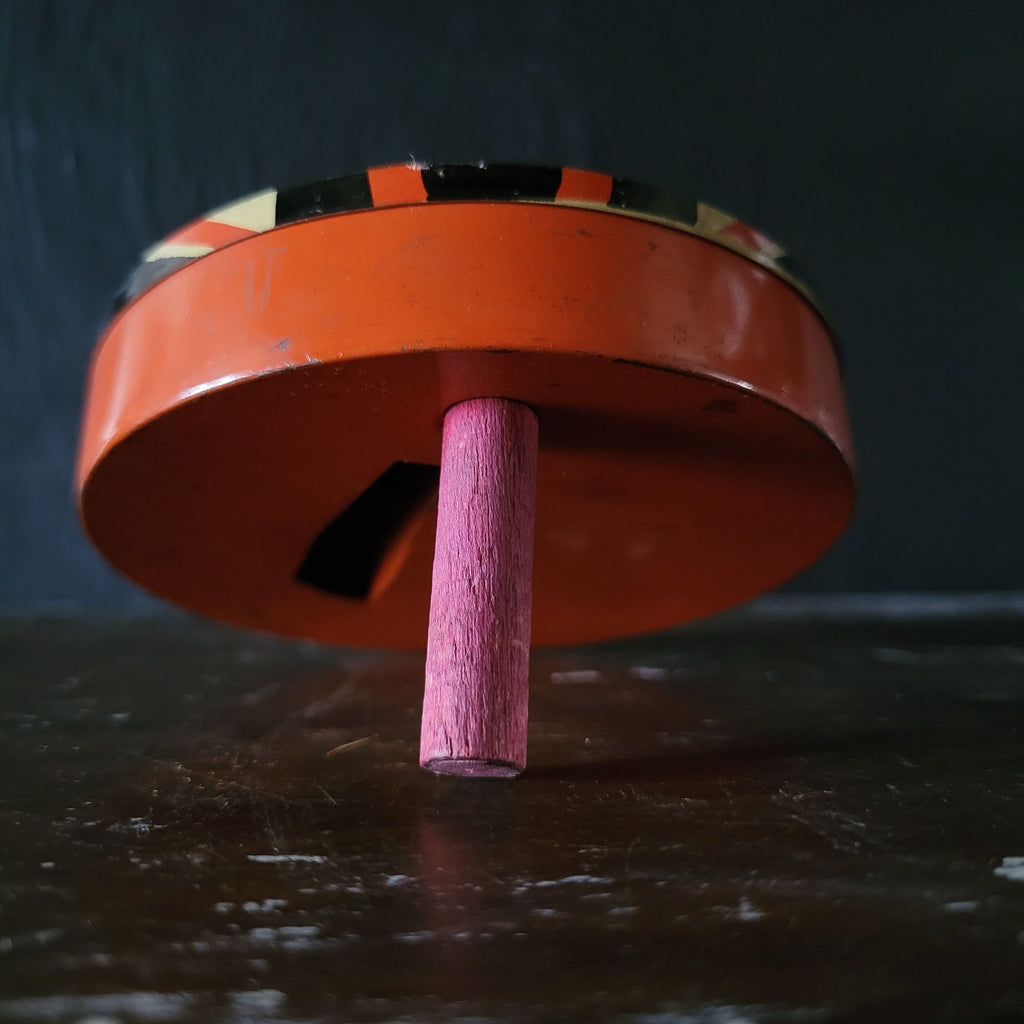 T. Cohn 1930s Round Ratchet Art Deco Witch 4" Halloween Noisemaker Tin Litho