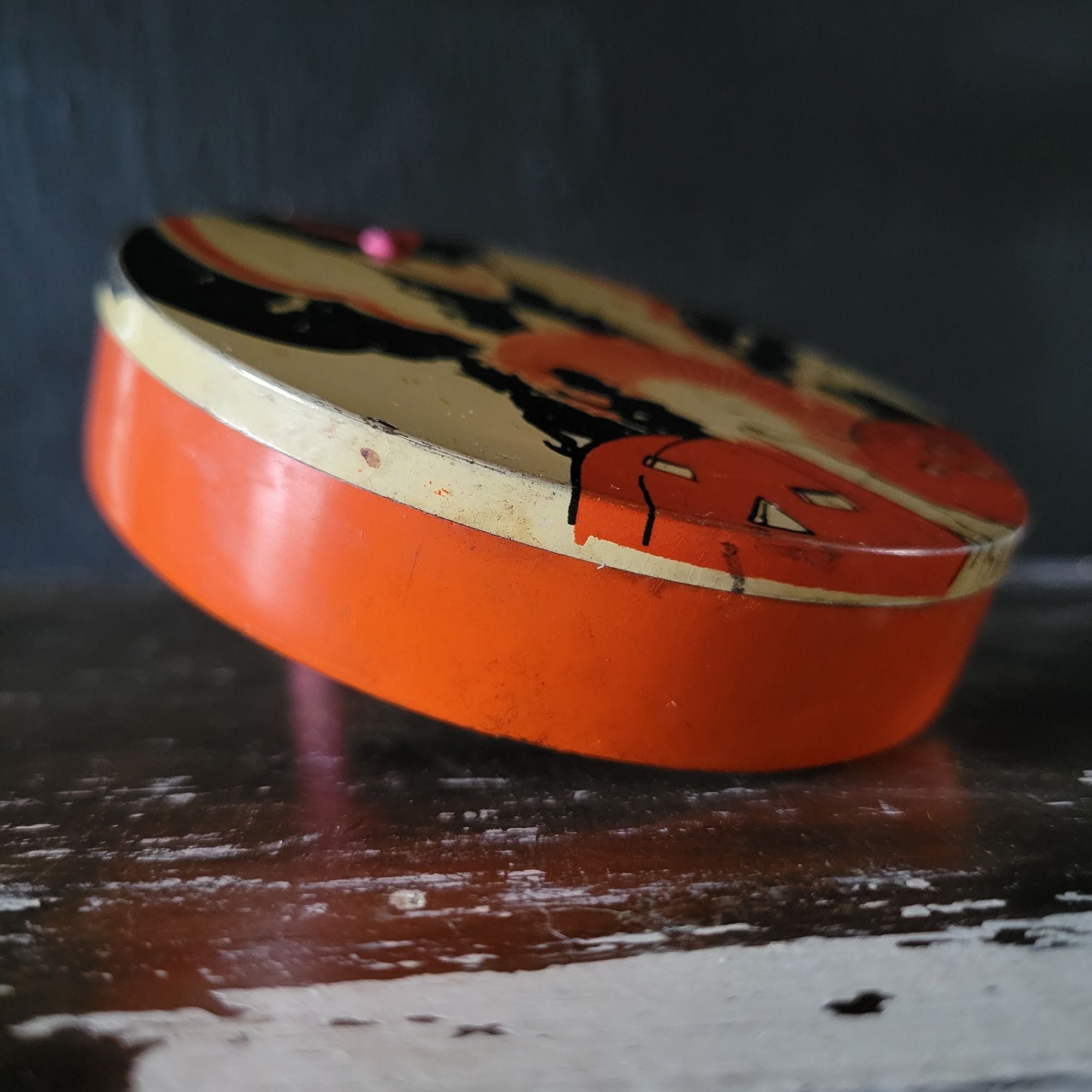 T. Cohn 1930s Round Ratchet Art Deco Witch 4" Halloween Noisemaker Tin Litho