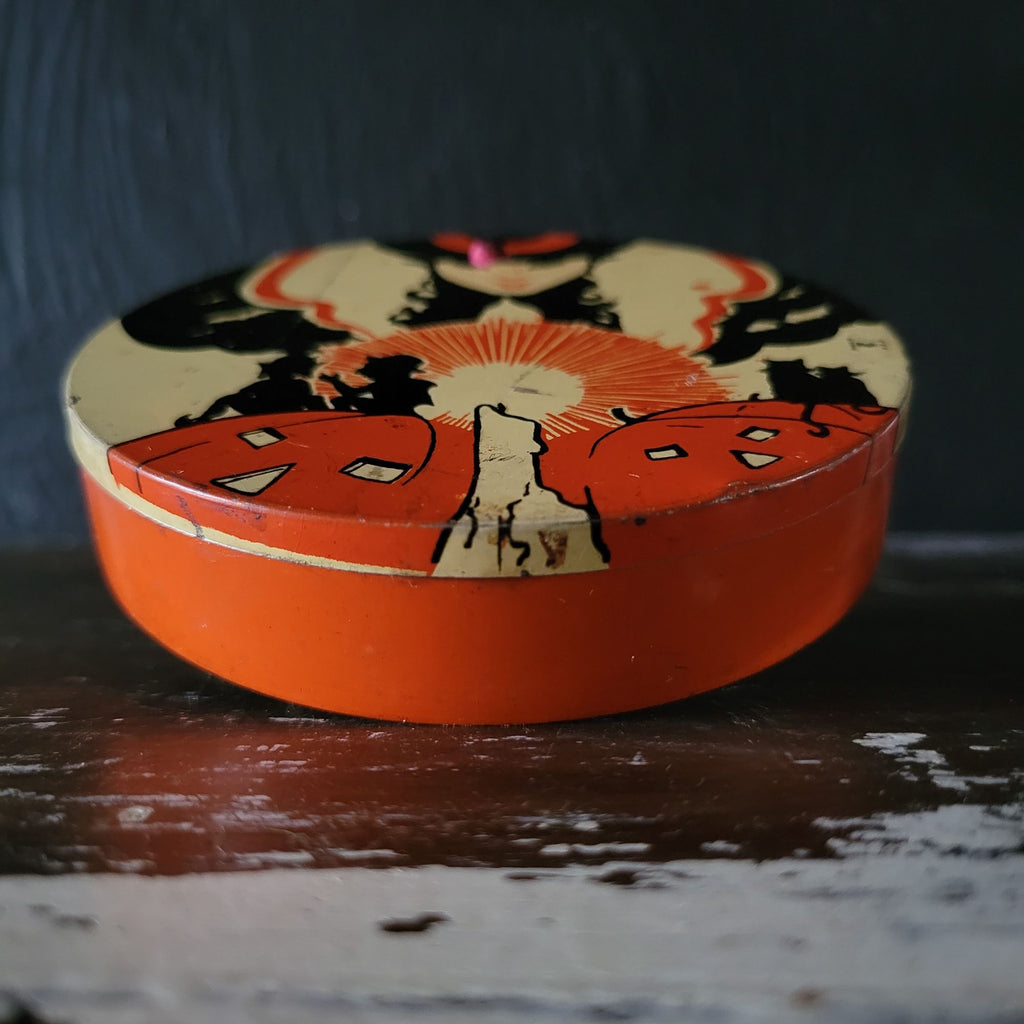 T. Cohn 1930s Round Ratchet Art Deco Witch 4" Halloween Noisemaker Tin Litho
