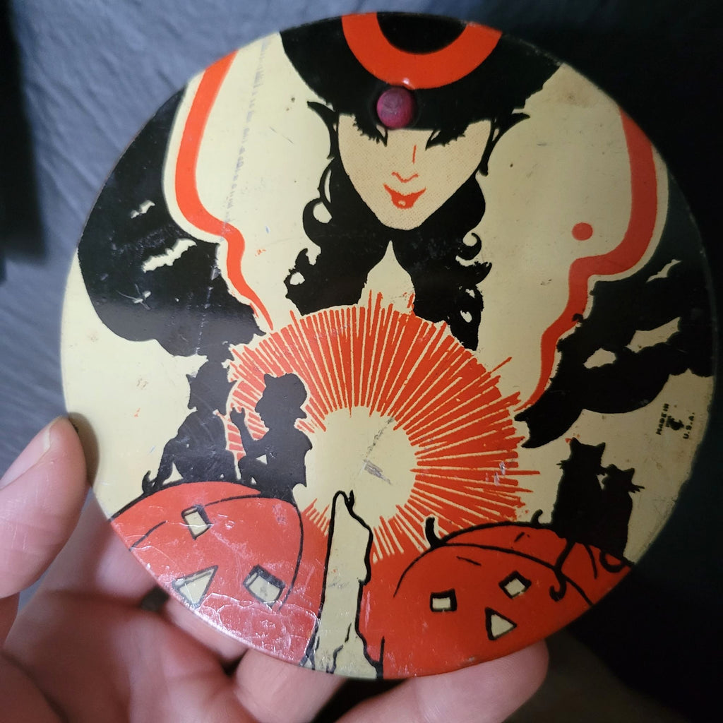 T. Cohn 1930s Round Ratchet Art Deco Witch 4" Halloween Noisemaker Tin Litho