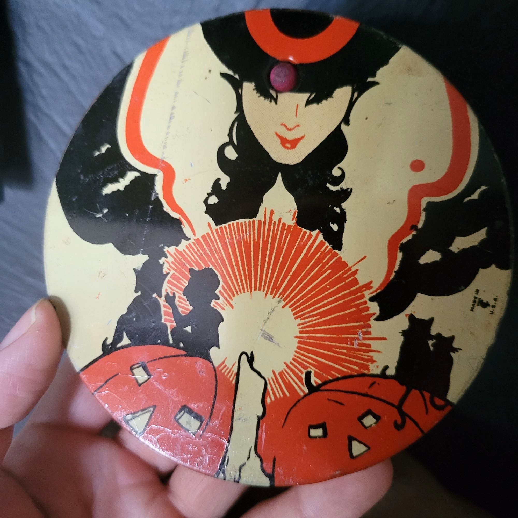 T. Cohn 1930s Round Ratchet Art Deco Witch 4" Halloween Noisemaker Tin Litho