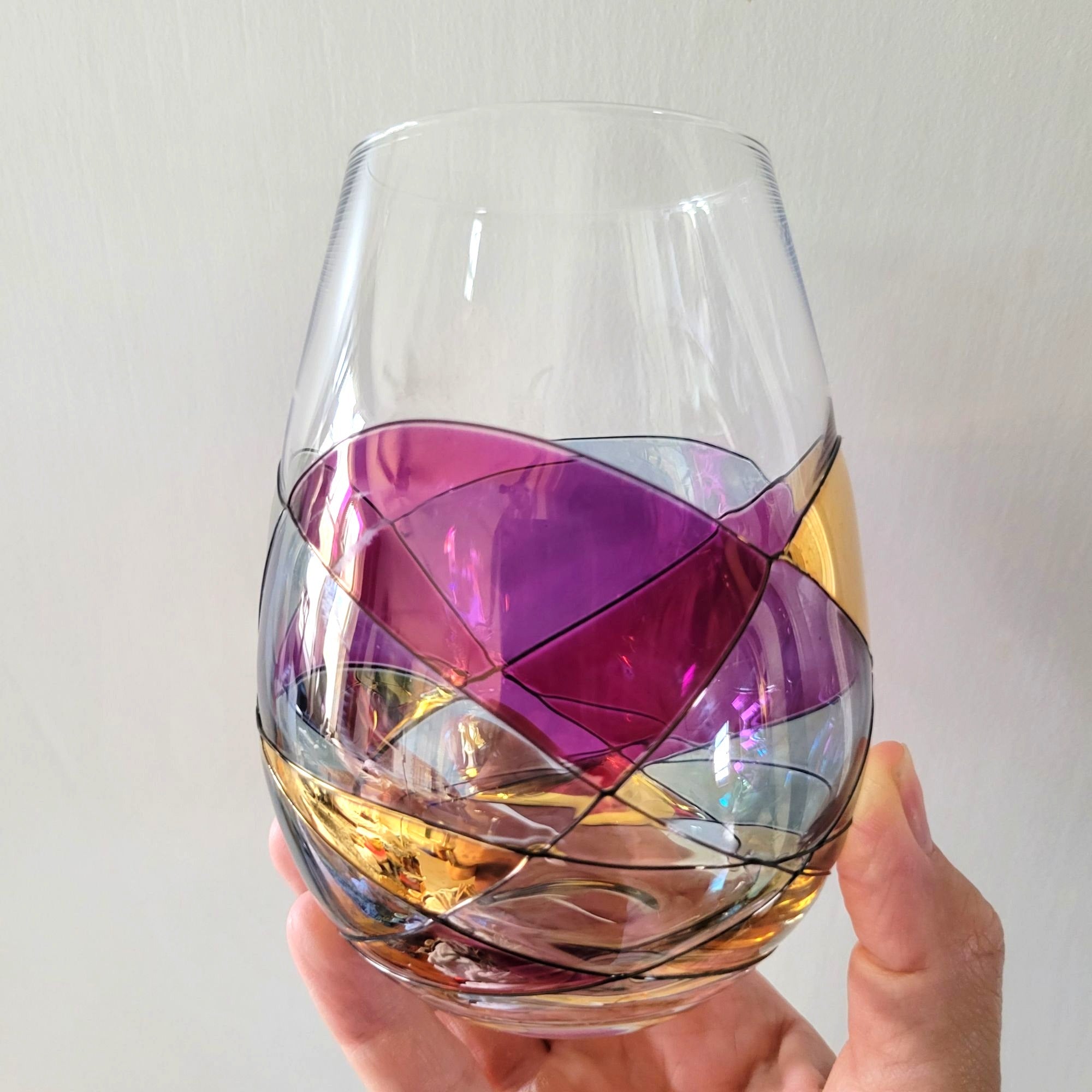 Cornet Barcelona Sagrada Handpainted Stemless Wine Glass Multicolor Geometric