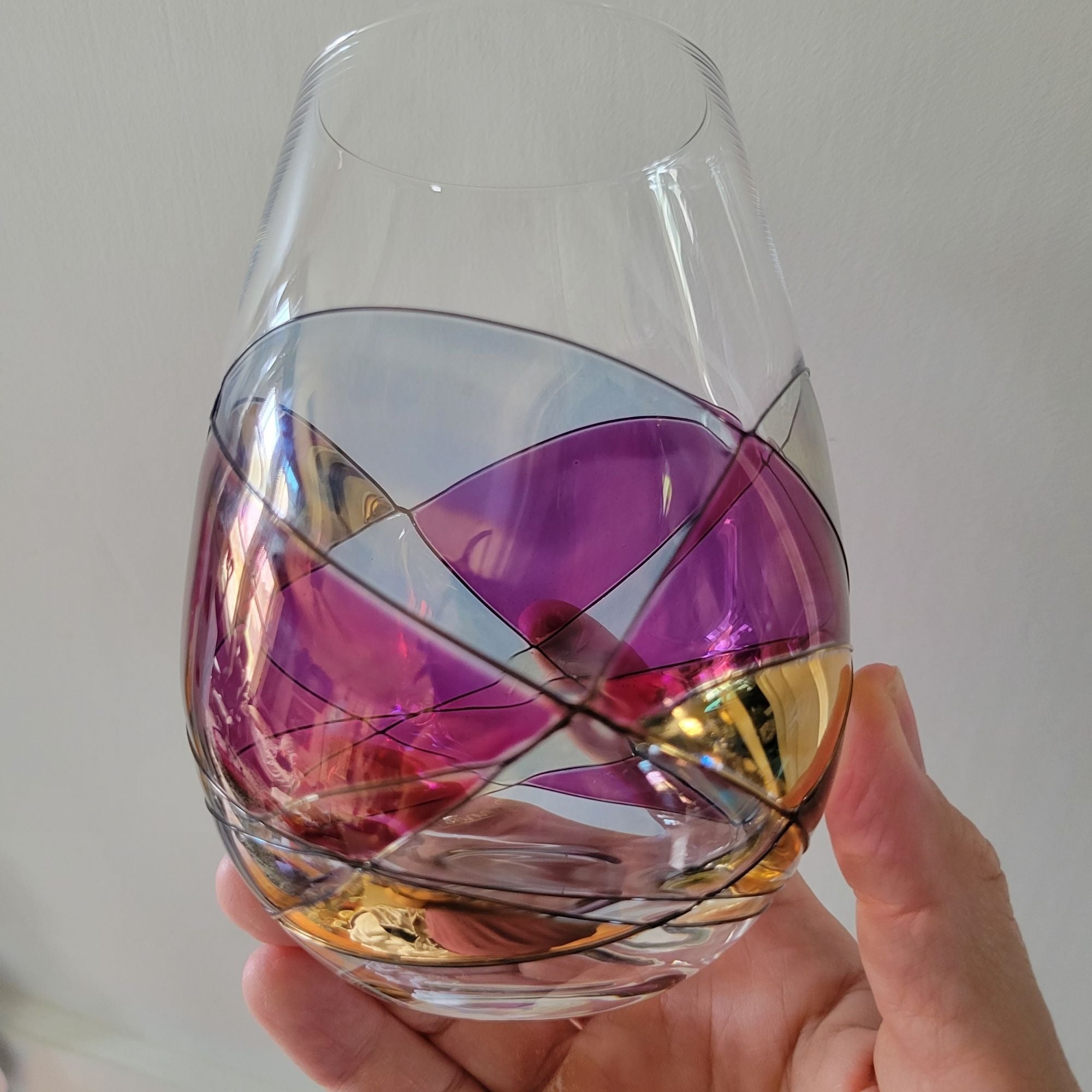 Cornet Barcelona Sagrada Handpainted Stemless Wine Glass Multicolor Geometric