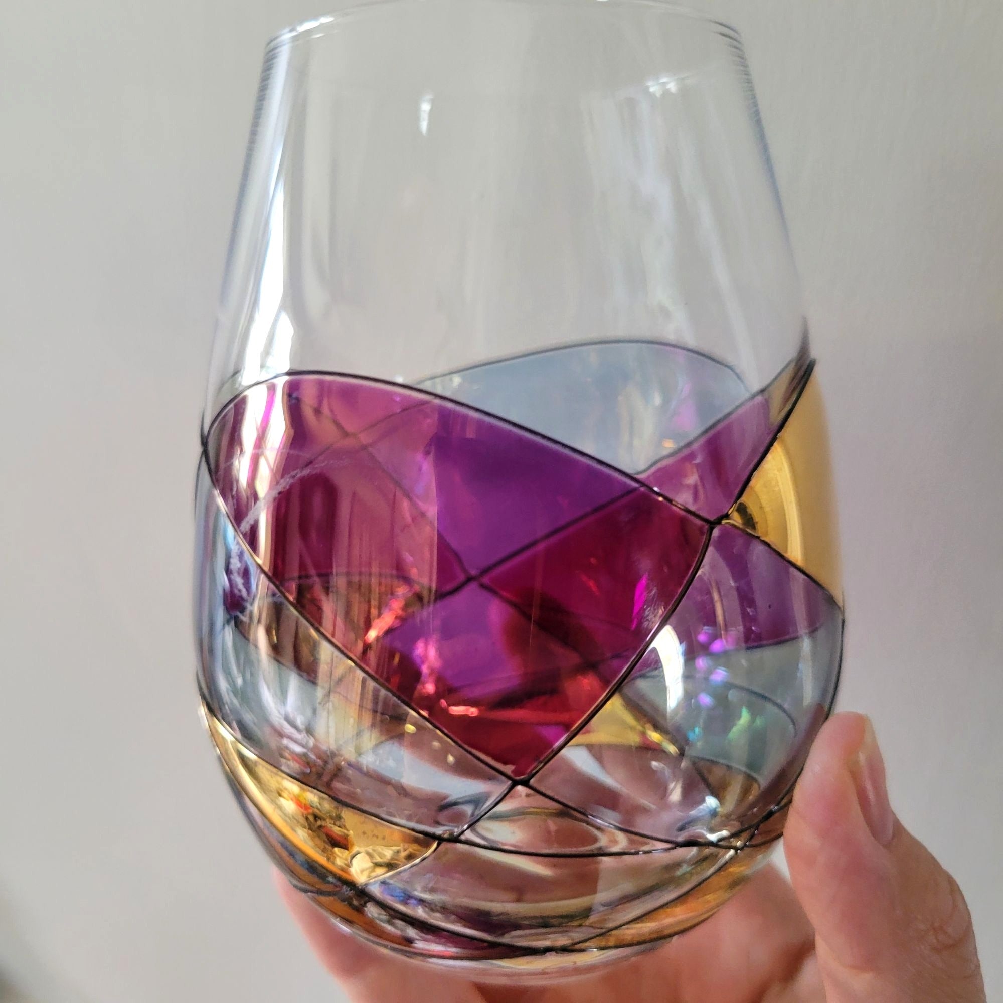 Cornet Barcelona Sagrada Handpainted Stemless Wine Glass Multicolor Geometric