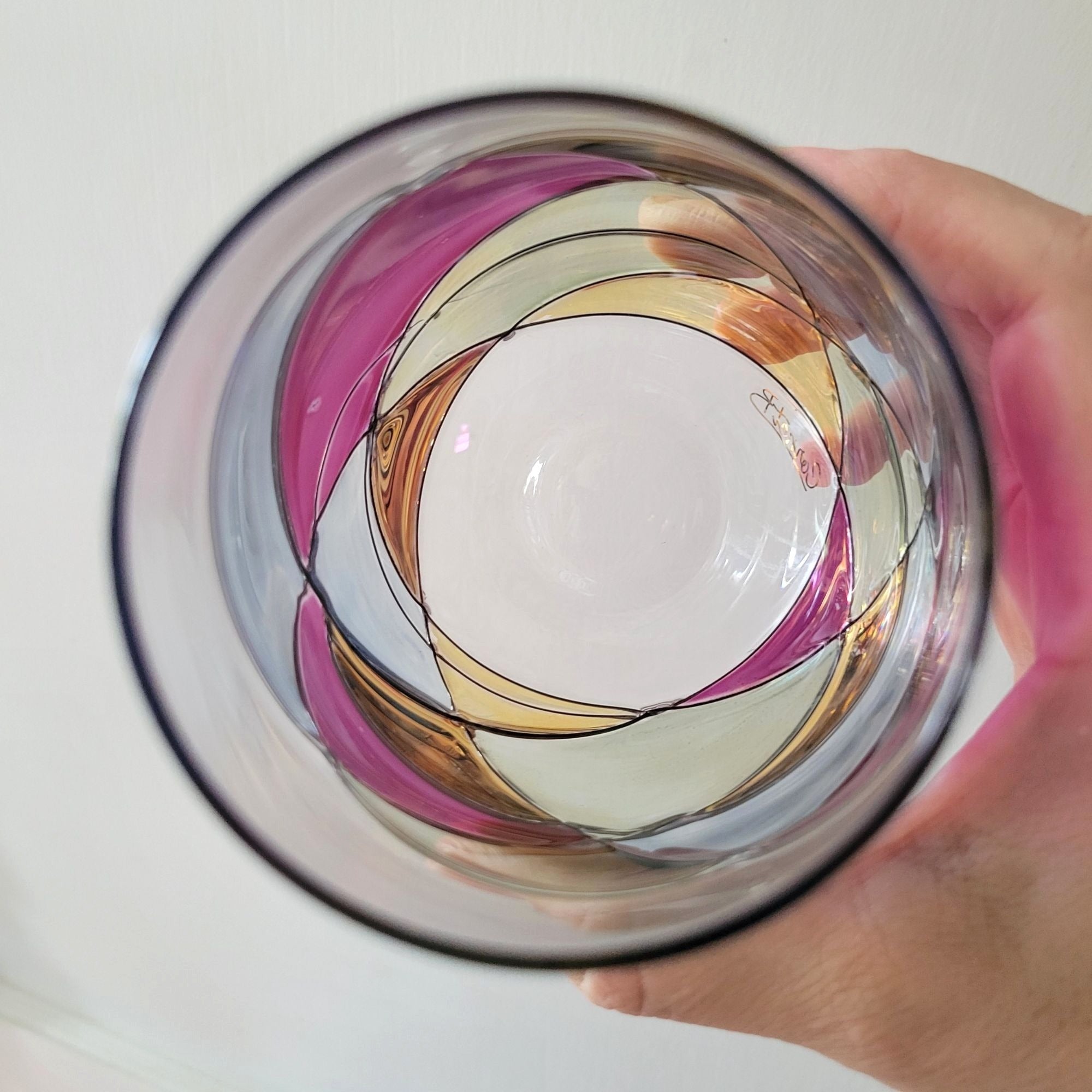 Cornet Barcelona Sagrada Handpainted Stemless Wine Glass Multicolor Geometric