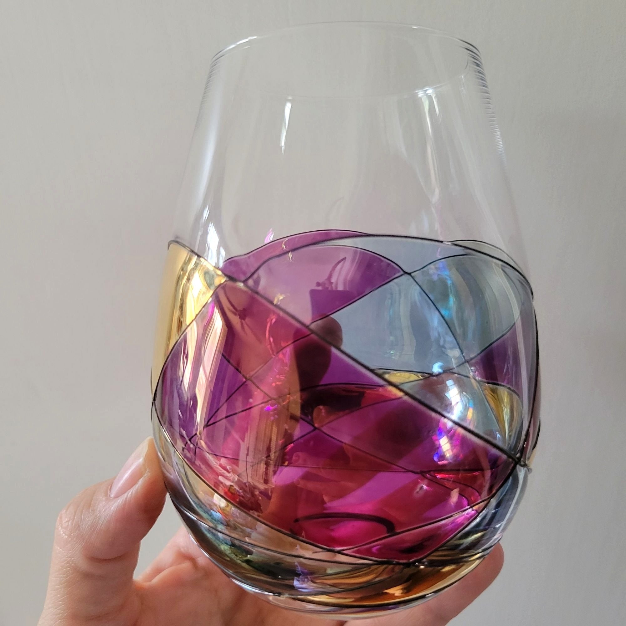 Cornet Barcelona Sagrada Handpainted Stemless Wine Glass Multicolor Geometric