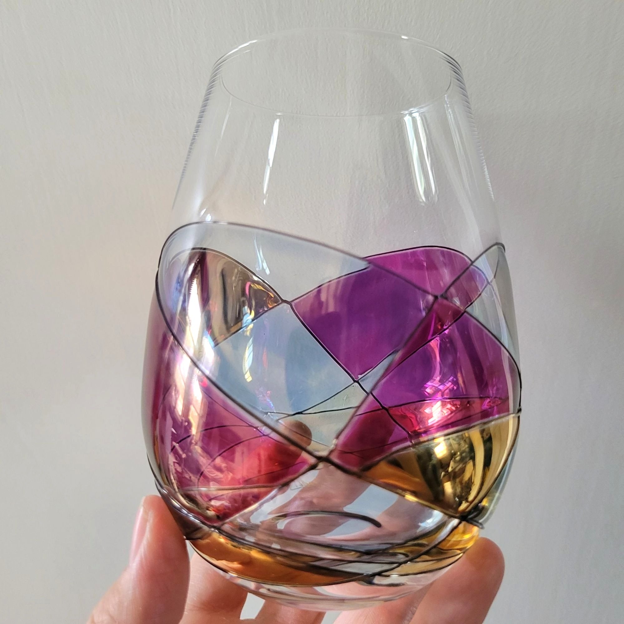 Cornet Barcelona Sagrada Handpainted Stemless Wine Glass Multicolor Geometric