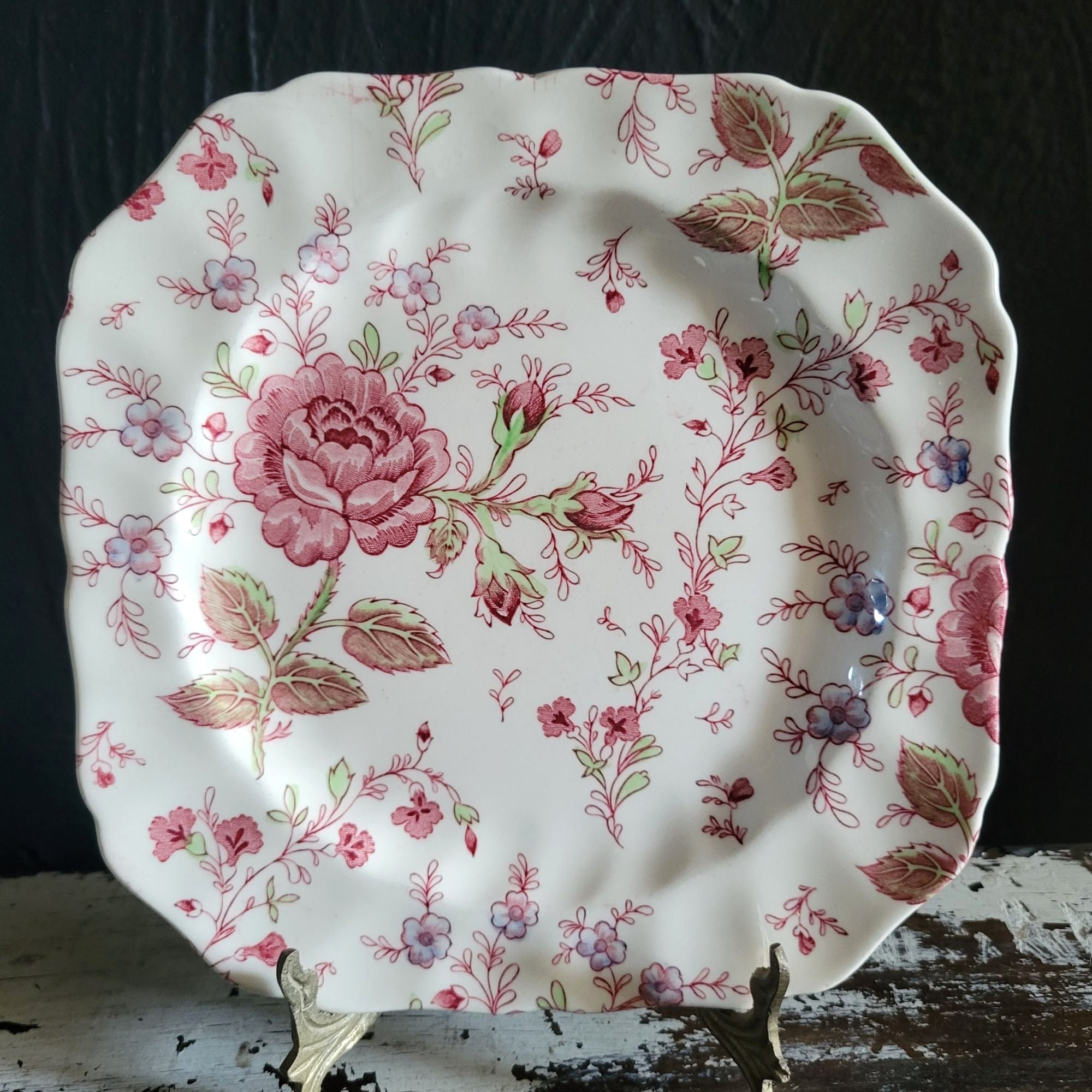 Vintage Johnson Brothers Rose Chintz Square Salad Plate Pink Backstamp *Read