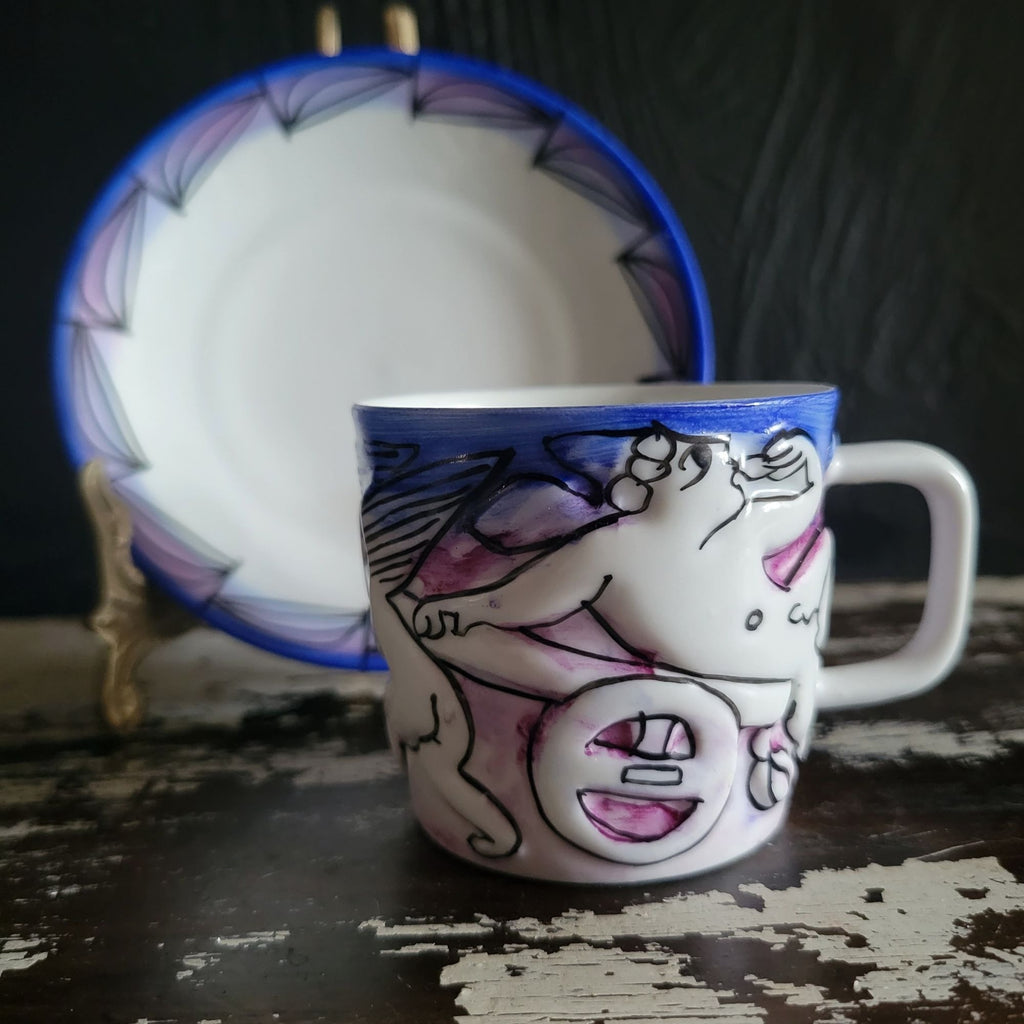 Vtg Naughty Angels O. Castro Galicia Espana Porcelain Demitasse Cup and Saucer