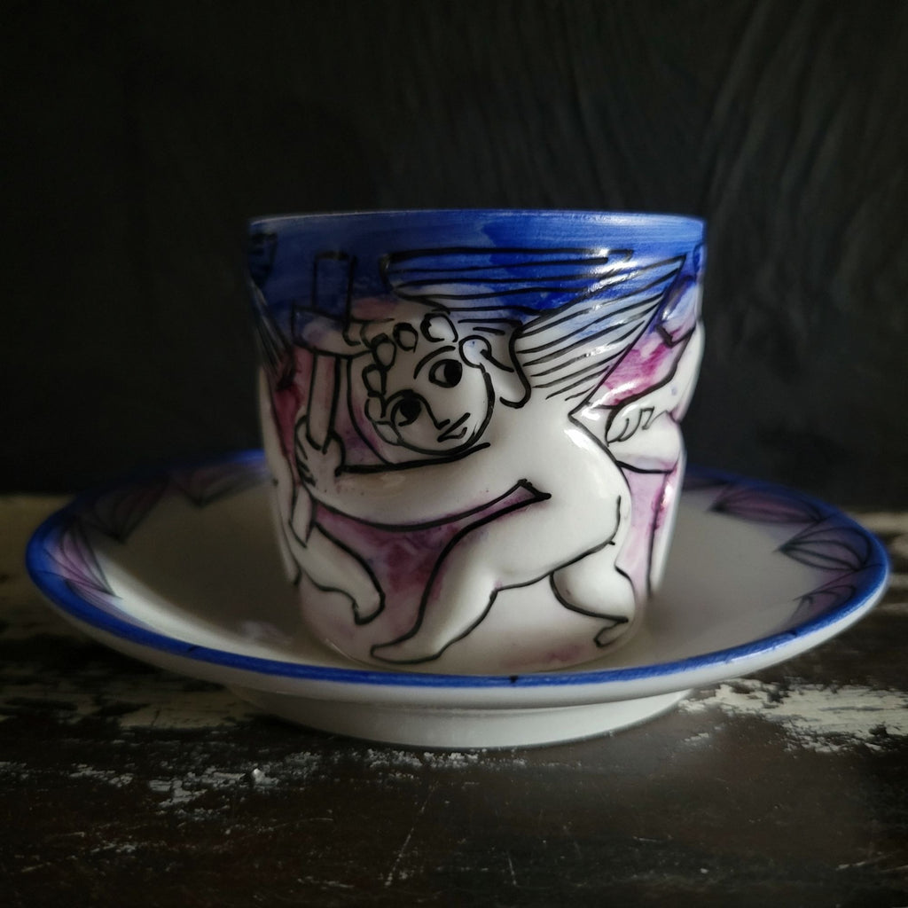 Vtg Naughty Angels O. Castro Galicia Espana Porcelain Demitasse Cup and Saucer
