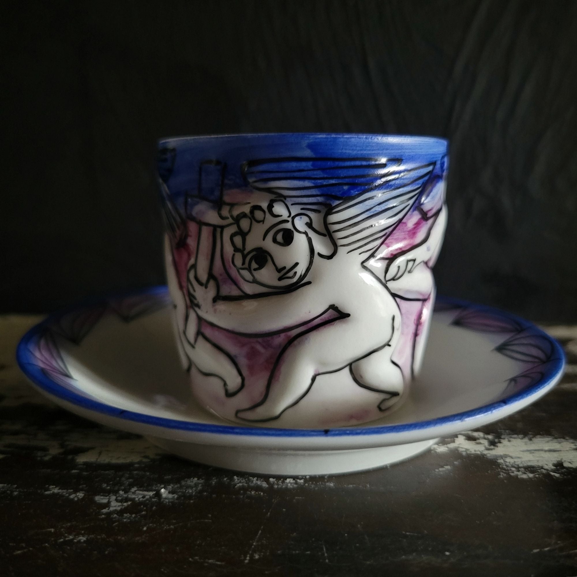 Vtg Naughty Angels O. Castro Galicia Espana Porcelain Demitasse Cup and Saucer