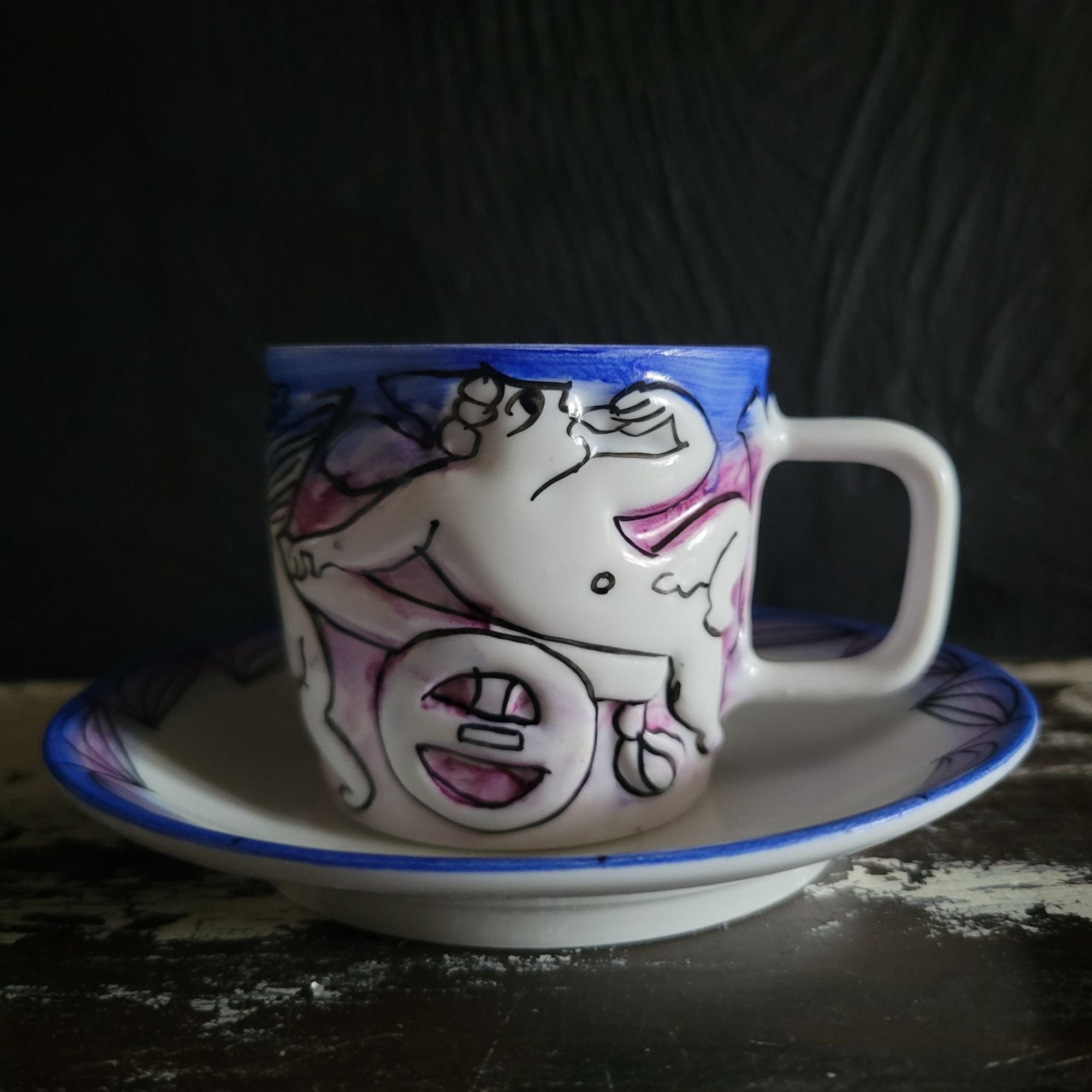 Vtg Naughty Angels O. Castro Galicia Espana Porcelain Demitasse Cup and Saucer