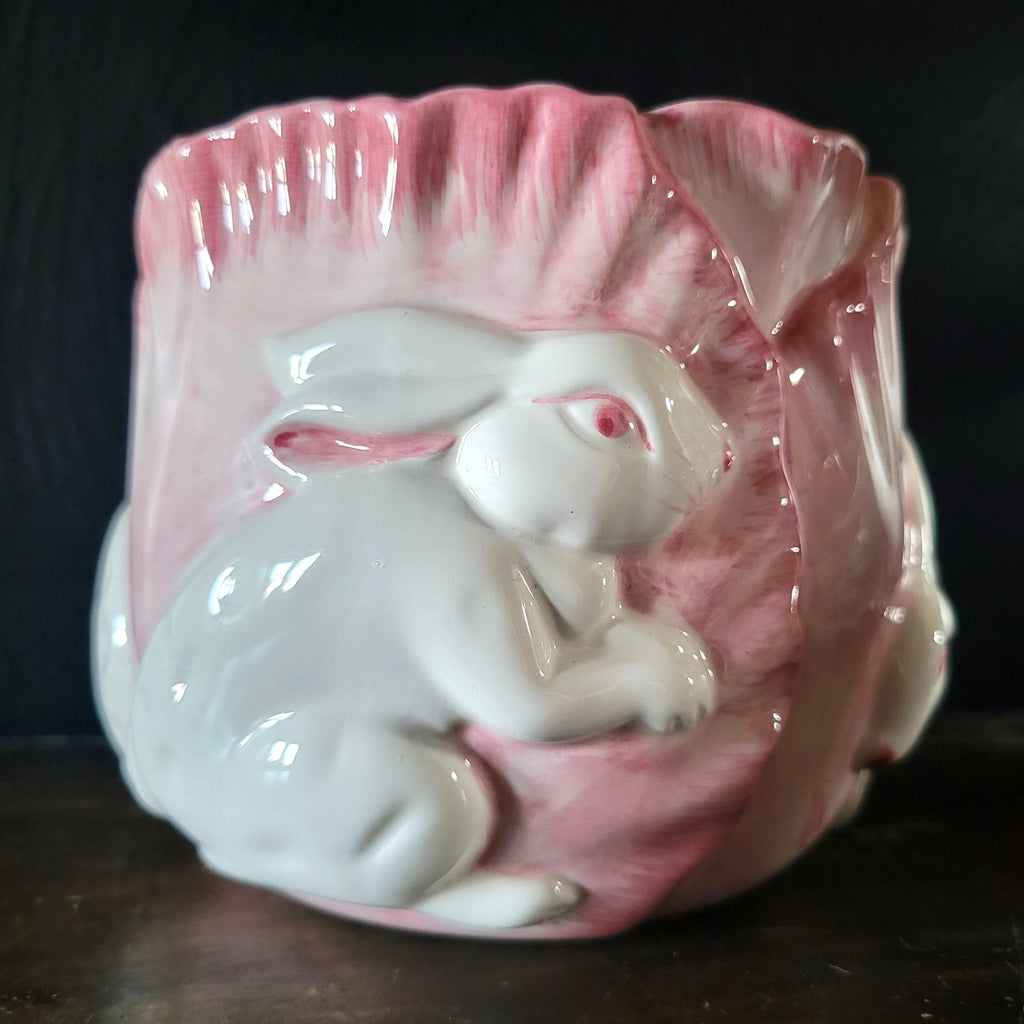 Vintage Ceramic Rabbit Pink Cabbage Planter Bunny Cachepot 4.5" Tall