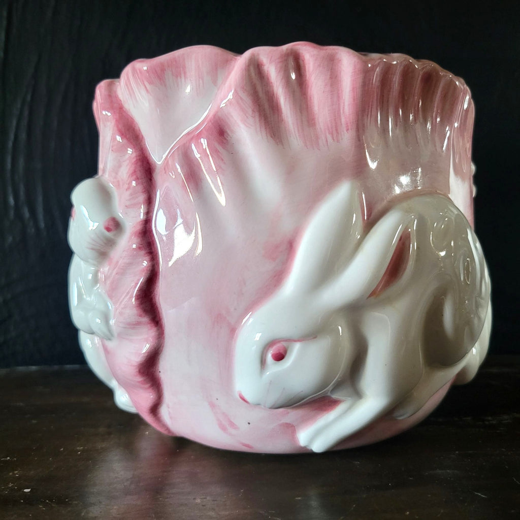 Vintage Ceramic Rabbit Pink Cabbage Planter Bunny Cachepot 4.5" Tall