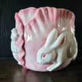 Vintage Ceramic Rabbit Pink Cabbage Planter Bunny Cachepot 4.5" Tall