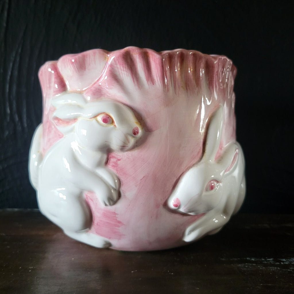 Vintage Ceramic Rabbit Pink Cabbage Planter Bunny Cachepot 4.5" Tall