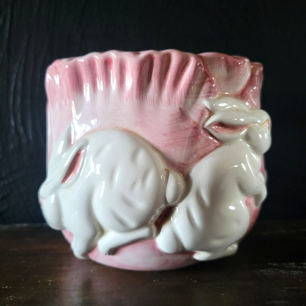 Vintage Ceramic Rabbit Pink Cabbage Planter Bunny Cachepot 4.5" Tall